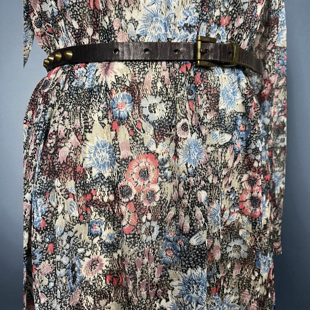 Vintage 70s Boho Long Sleeve Multicolor Floral Print Mesh Midi Dress S/M