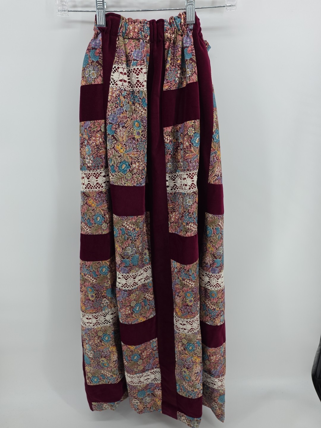 70s Floral Lace Patchwork Maroon White Long Skirt Cotton Blend Mr. Hank Sz L EUC