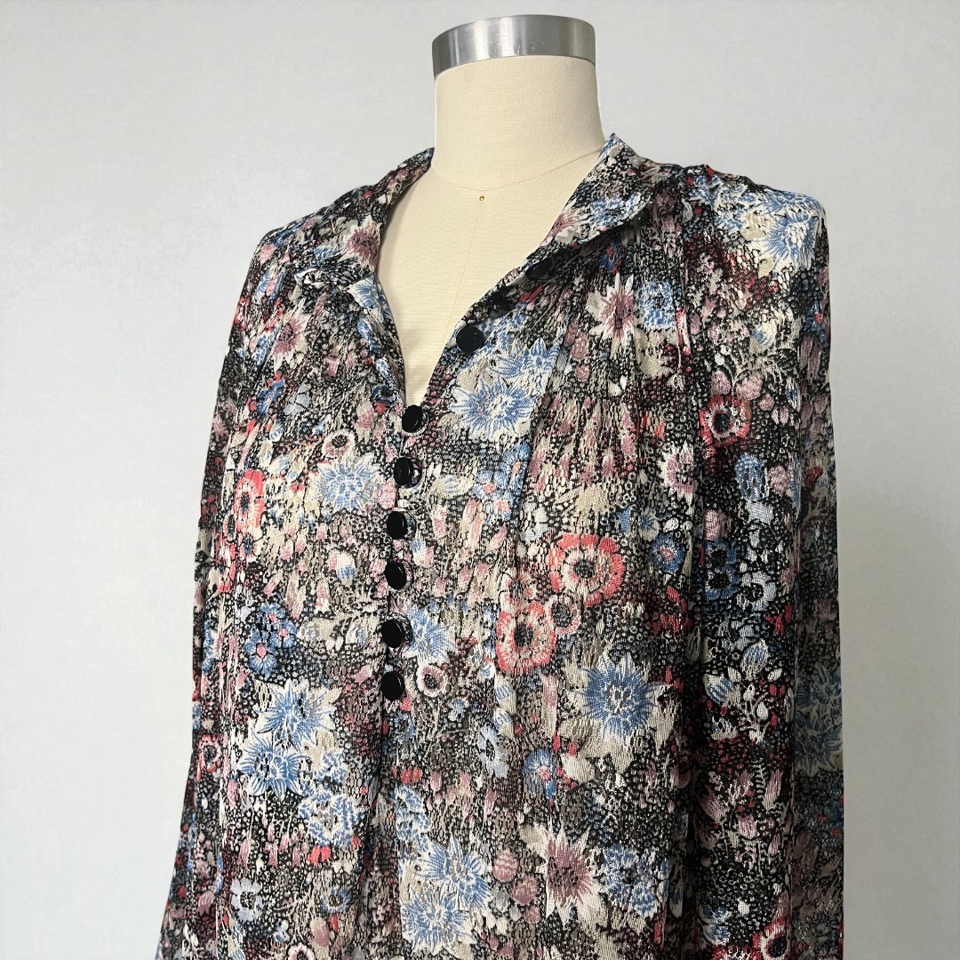 Vintage 70s Boho Long Sleeve Multicolor Floral Print Mesh Midi Dress S/M