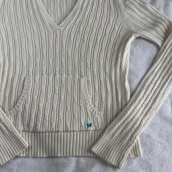 Aeropostale white cable knit babydoll long sleeve hooded sweater Y2K vintage