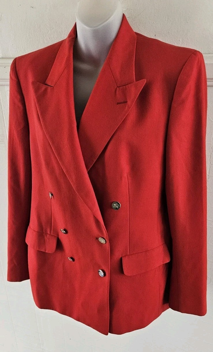 Vintage Burberrys&rsquo; Patrick James Cherry Red Double Breasted Wool Blazer Sz Lrg