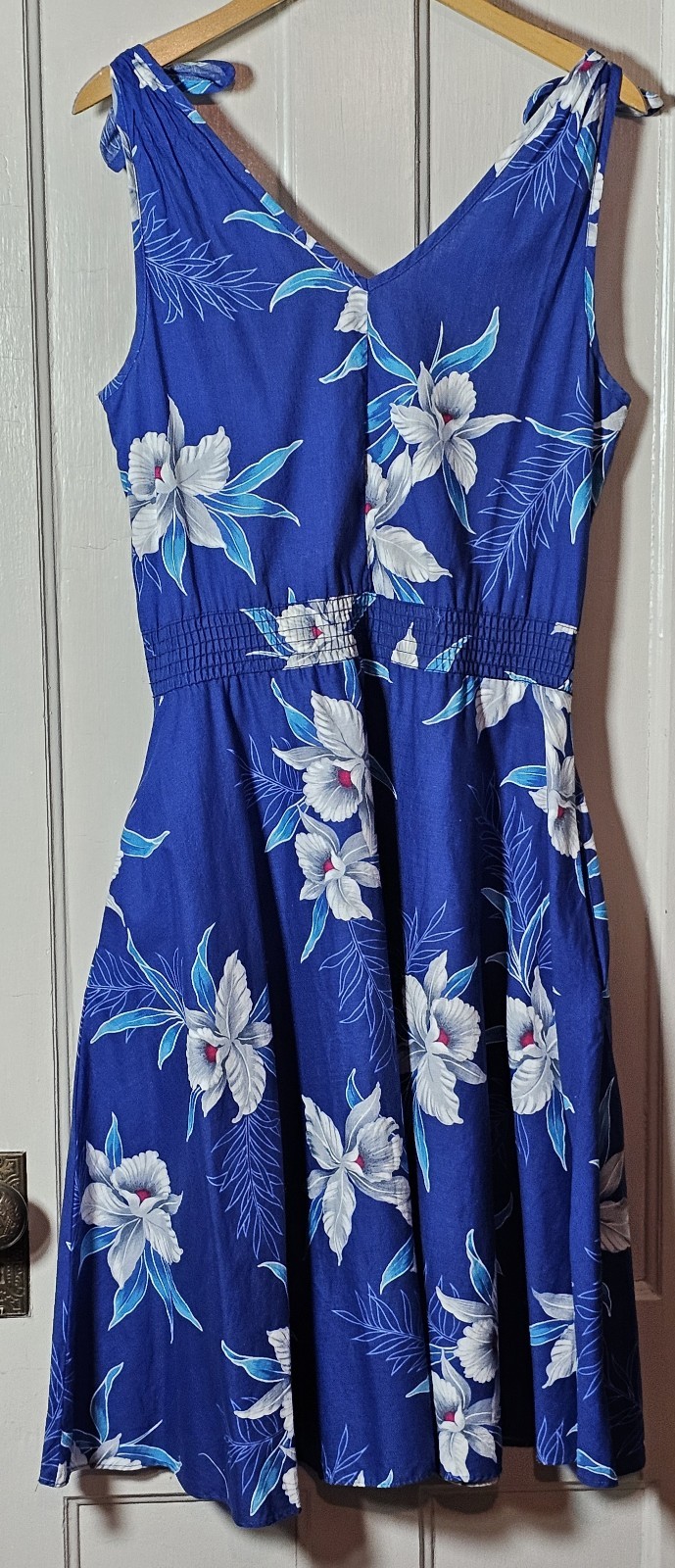 VGT 90s Banana Bay Dress Size M Blue Cotton Tropical Floral Hawaiian Hibiscus