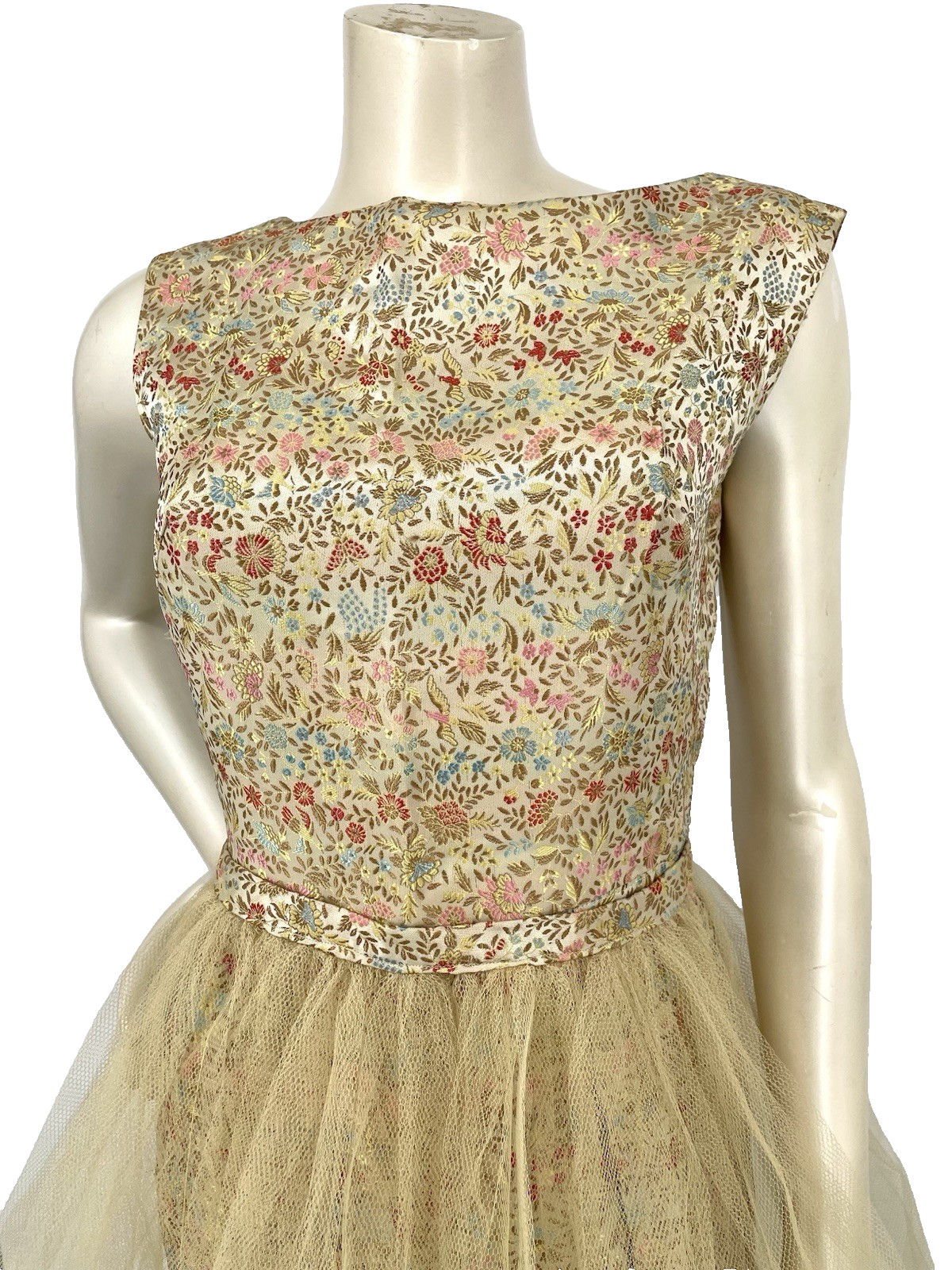 VTG 1960s Custom Asian Brocade Wiggle Sheath Dress with Tulle TUTU Skirt sm