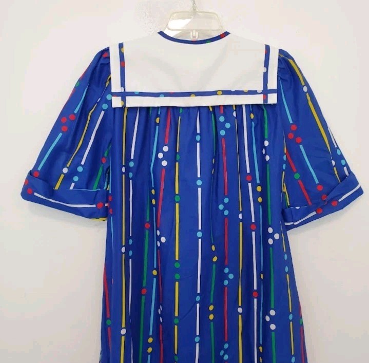 Vtg Models Coat Sz 10 Blue Multicolor House Dress Sailor Collar Snap Front NEW