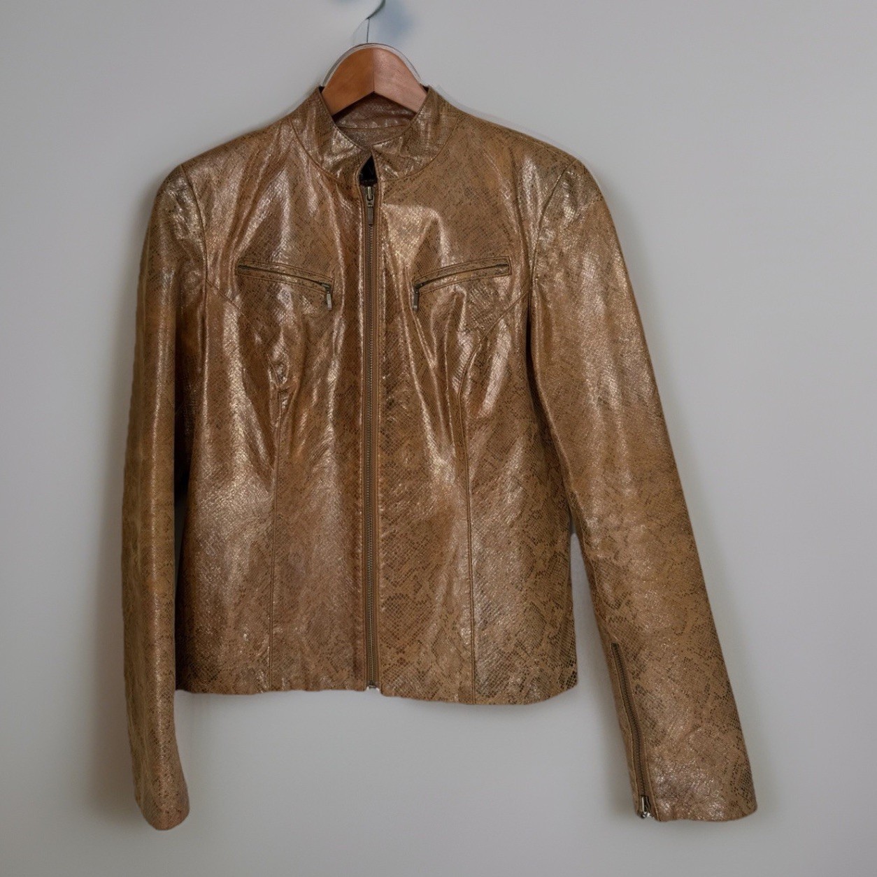 Vakko Printed Leather Jacket Bronze Snake Embossed Moto Y2K Size 8