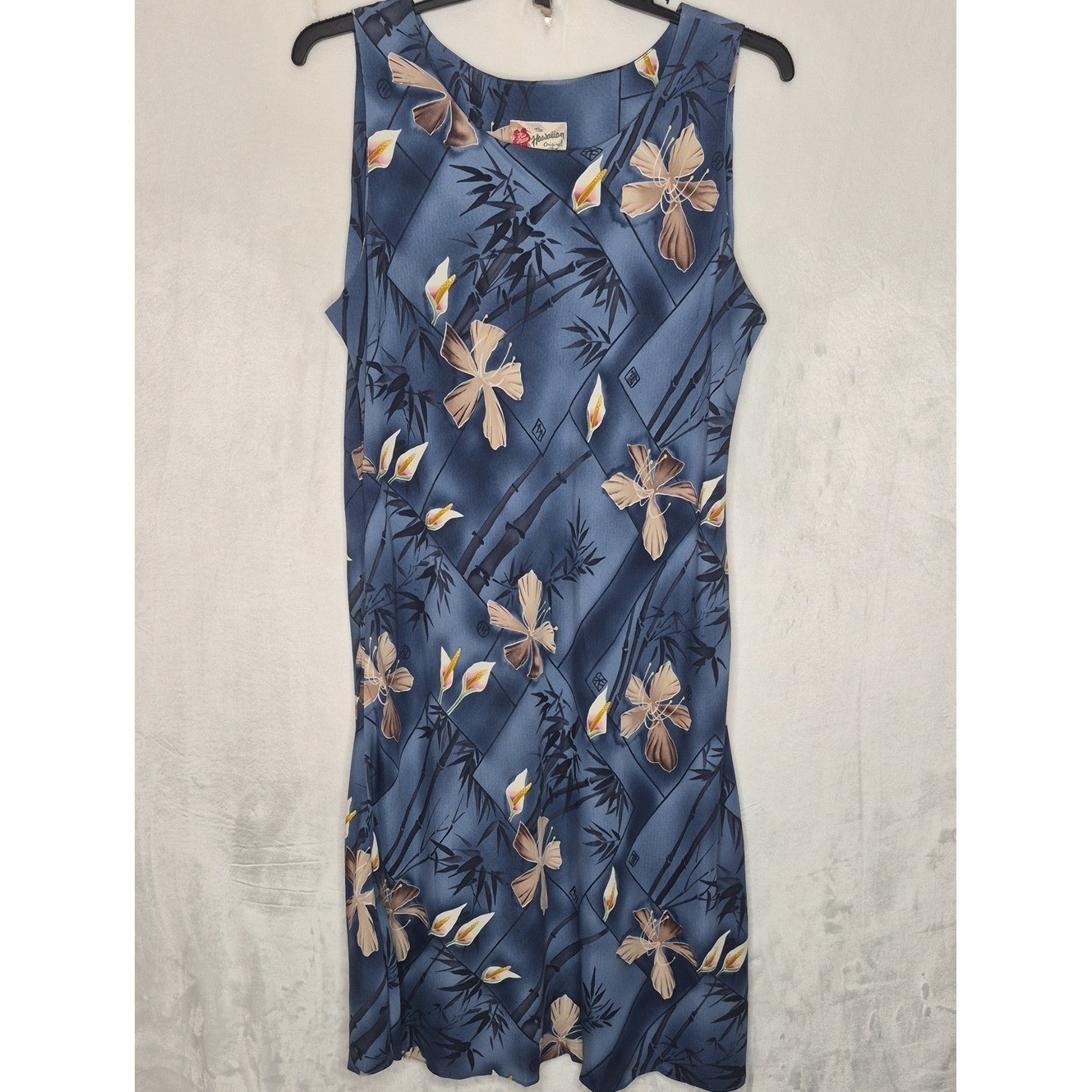 Vintage Hilo Hattie Blue Bamboo Japanese Kanji Allover Print Maxi Dress XL