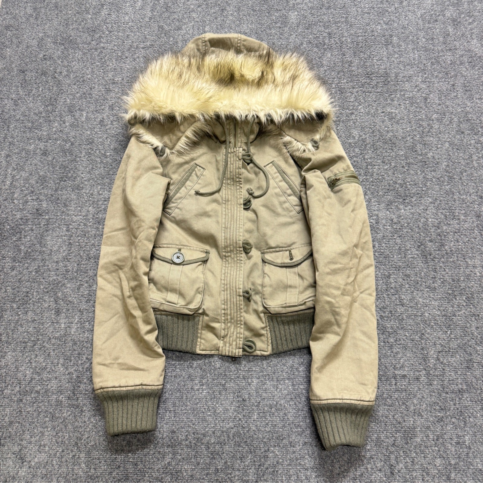 VTG Abercrombie & Fitch Y2K bomber Fur jacket Women&rsquo;s S Khaki Beige Utility Y2K