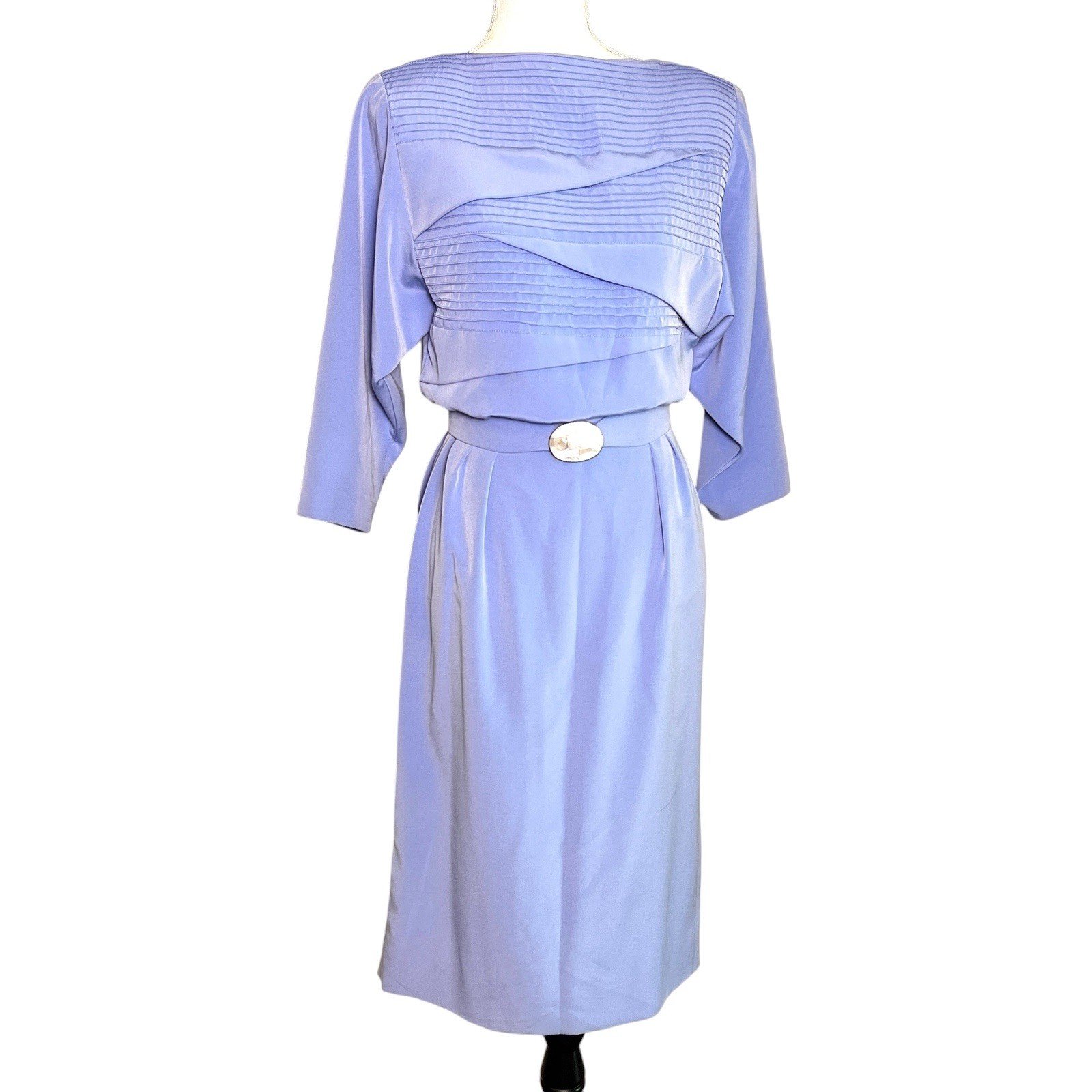 80s Handmade Light Blue Satin Midi Dress Belted Dolman Sleeve MOB Formal Small