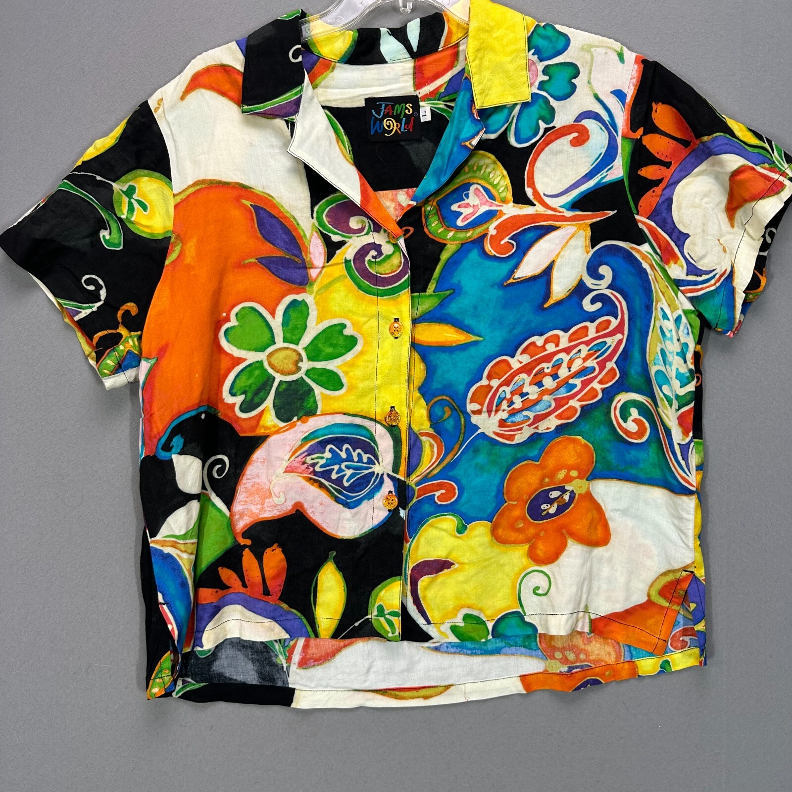 vintage JAMS WORLD MYSTERE PRINT TOP Rayon L Hawaiian button up shirt FLORAL 90s