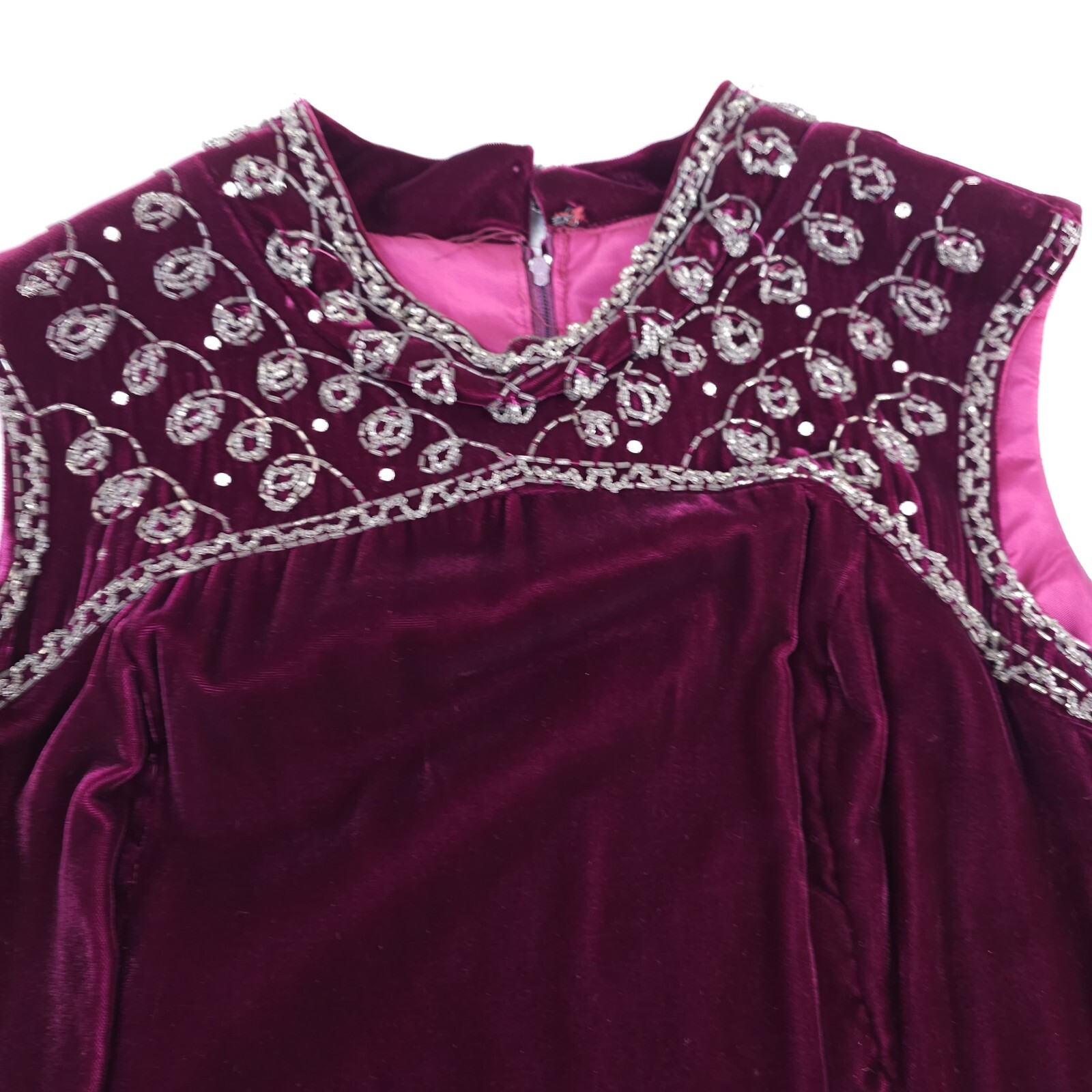 VTG 60s Velvet Goddess Bombshell Party Column Maxi Hostess Dress Purple Beaded