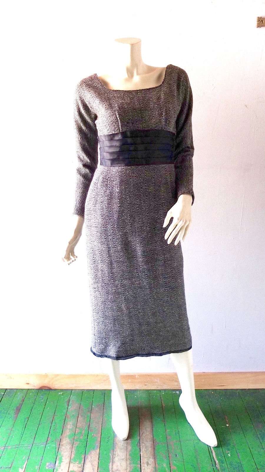 1950s Phyllis De Trano for Georgette Snowstorm Tweed Wiggle Dress Joan Mad Men