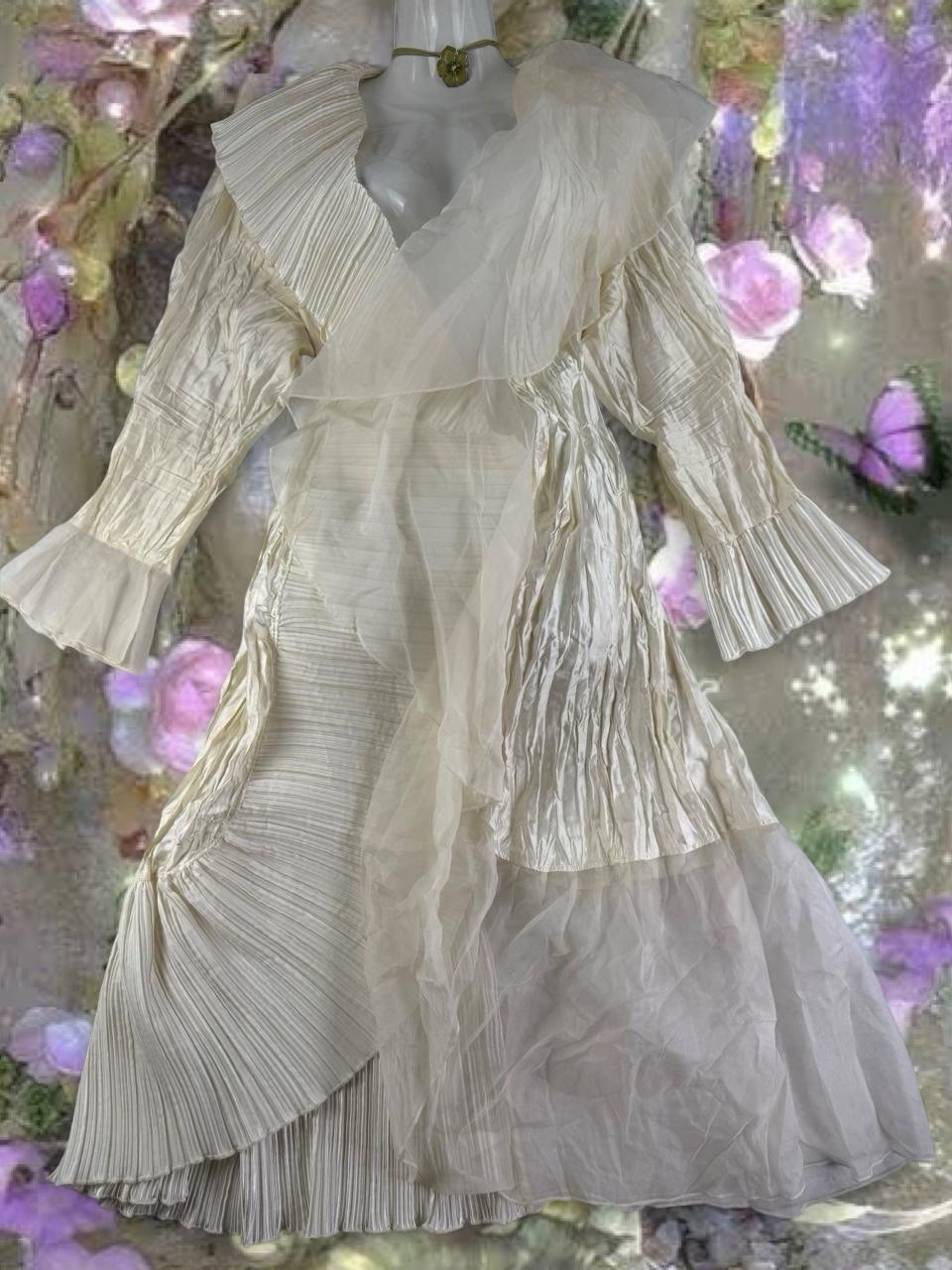 Vtg Lee Anderson Art to Wear Long Sheer Dress Cover Pleated Flare Sleeve M White