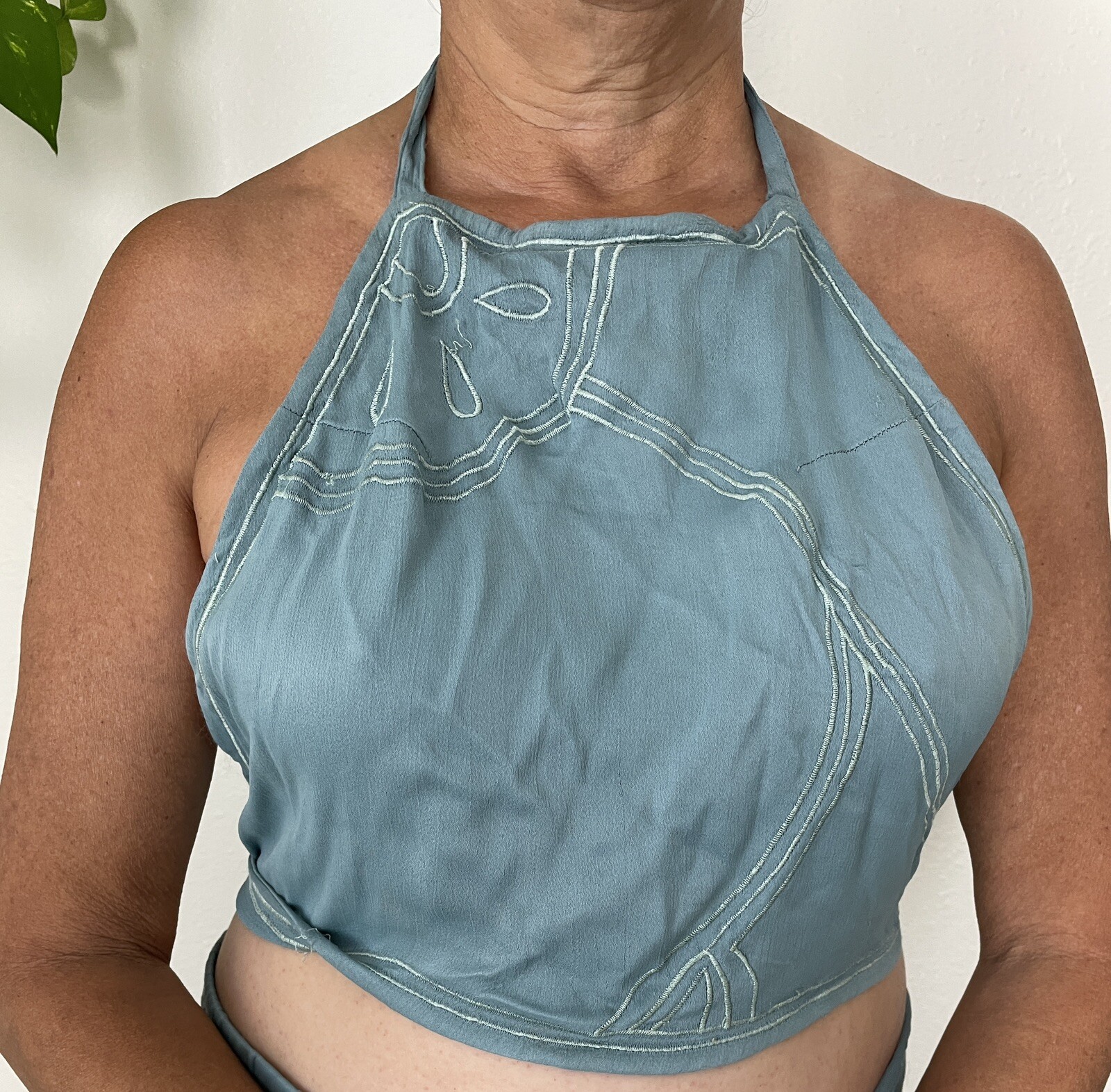 Vtg 70’s Ethnic Hippie Halter Set Festival Embroidered Top Blue Beach Medium
