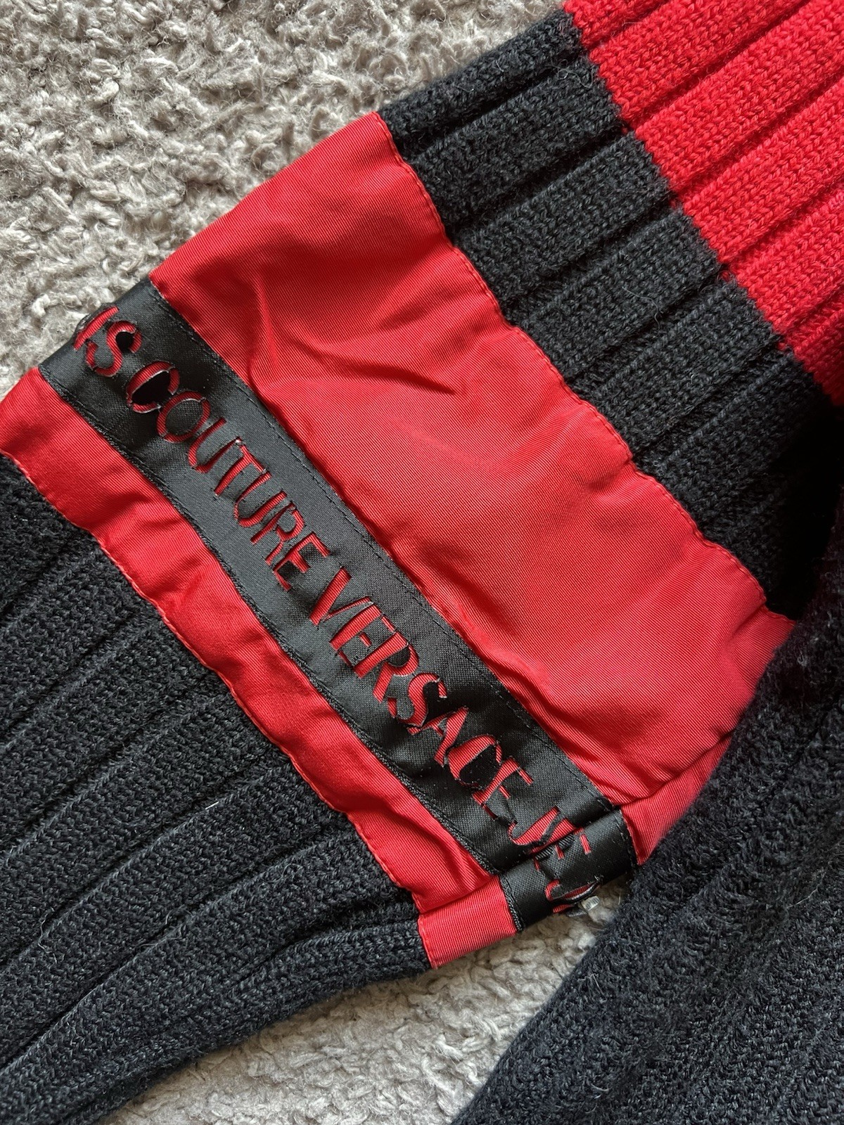 Vintage Versace Sweater Medium Knit Red Black High Neck Ribbed Couture Y2K 90s