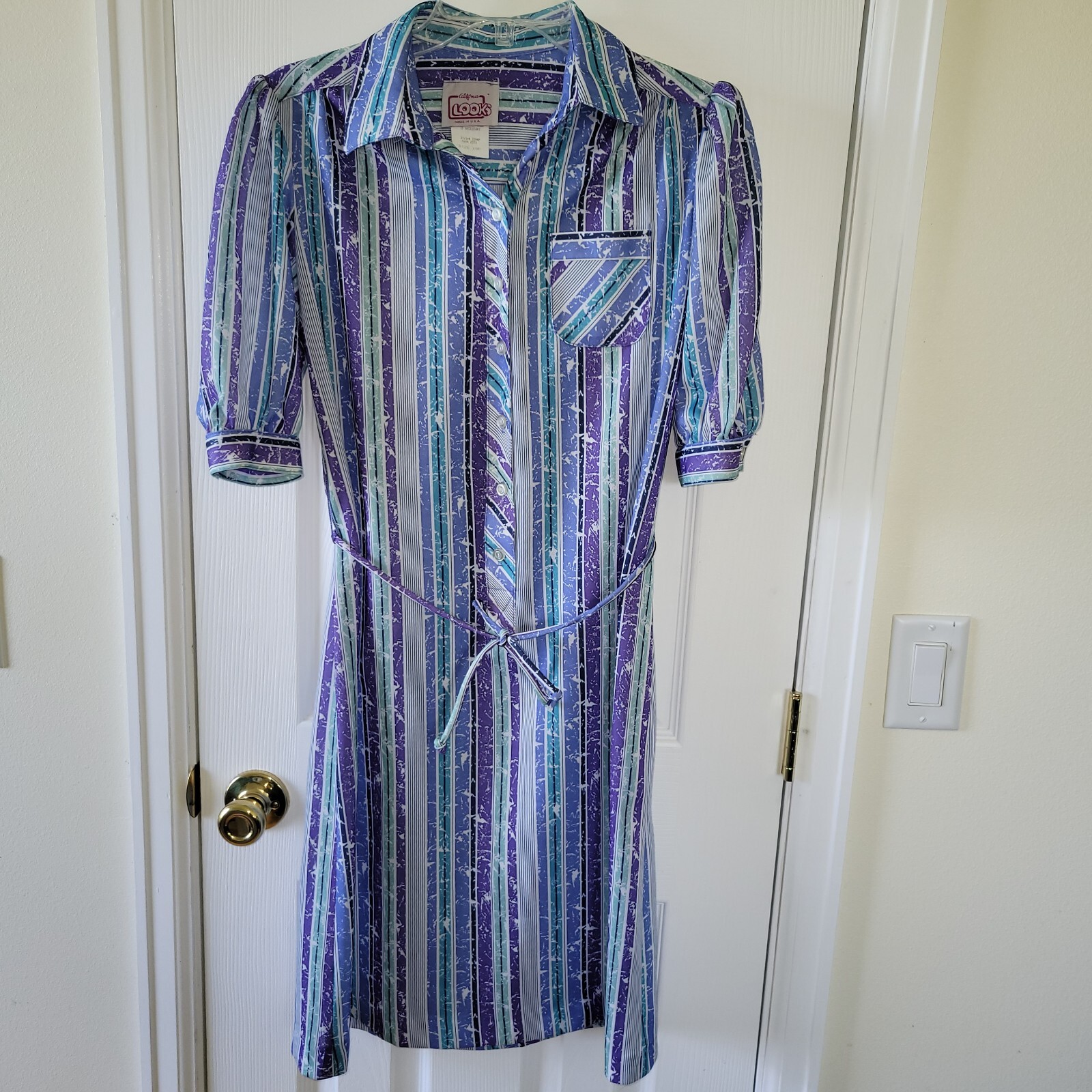 California Looks Shirt Dress 10P Purple Aqua Striped 1970&rsquo;s Vintage 1/2 Button