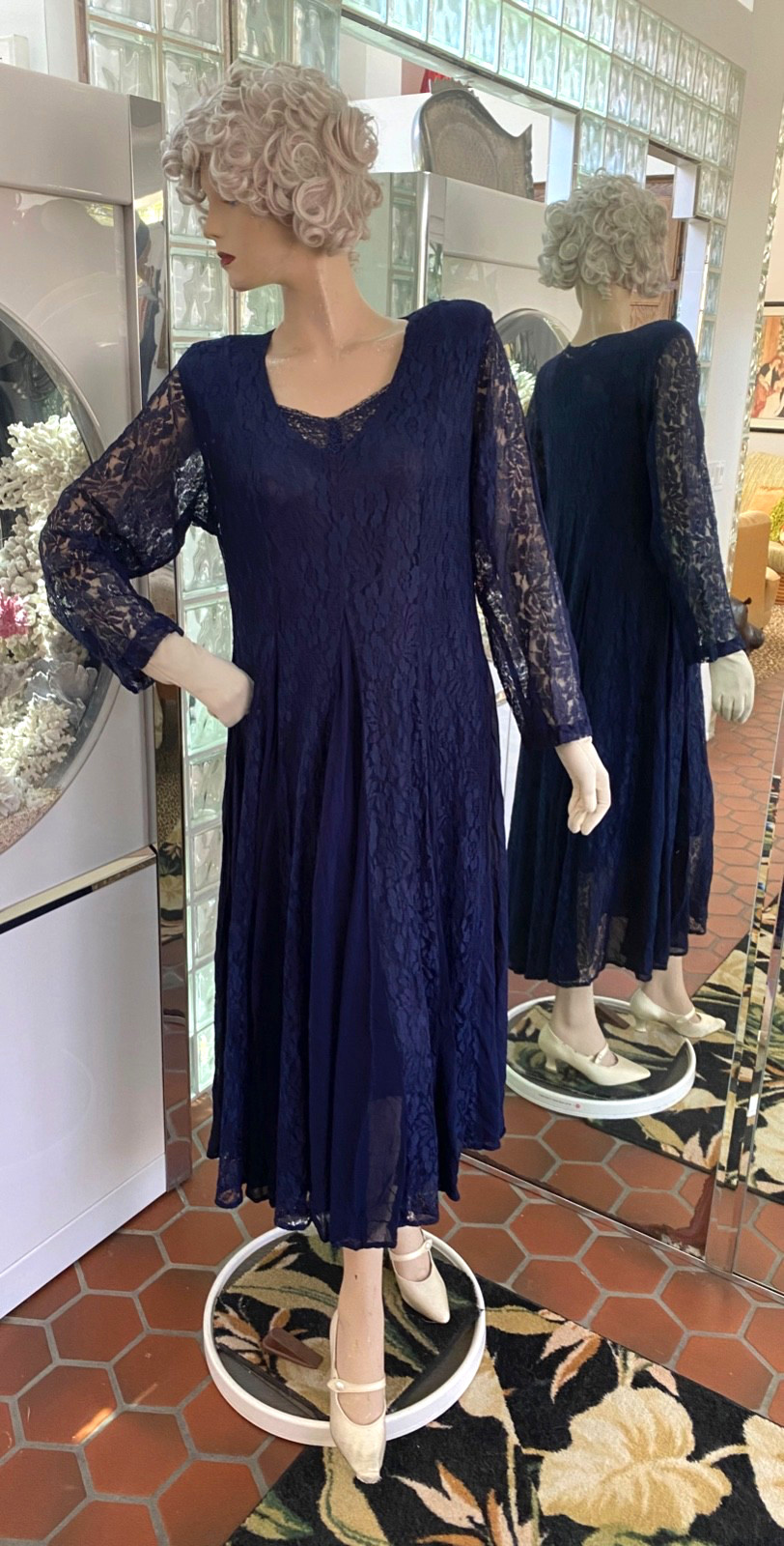 VTG 90s Dress Blue Lace Midi Nostalgia size M