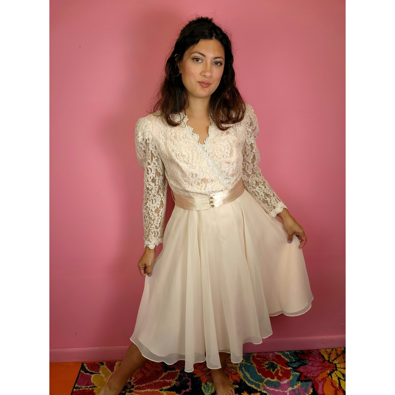 Medium to Large Vintage 1980&rsquo;s Light Peachy Pink Lace and Chiffon Belted Dress