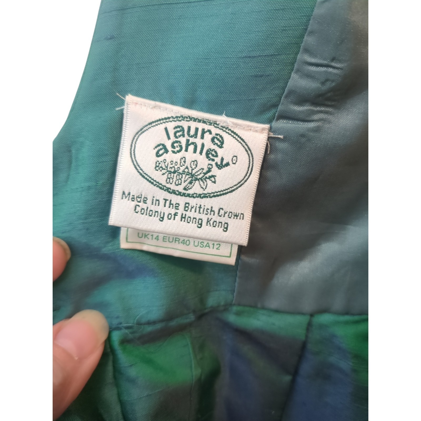 VINTAGE LAURA ASHLEY 100% SILK DUPIONI Iridescent Peacock Fit &Flare Dress US 12