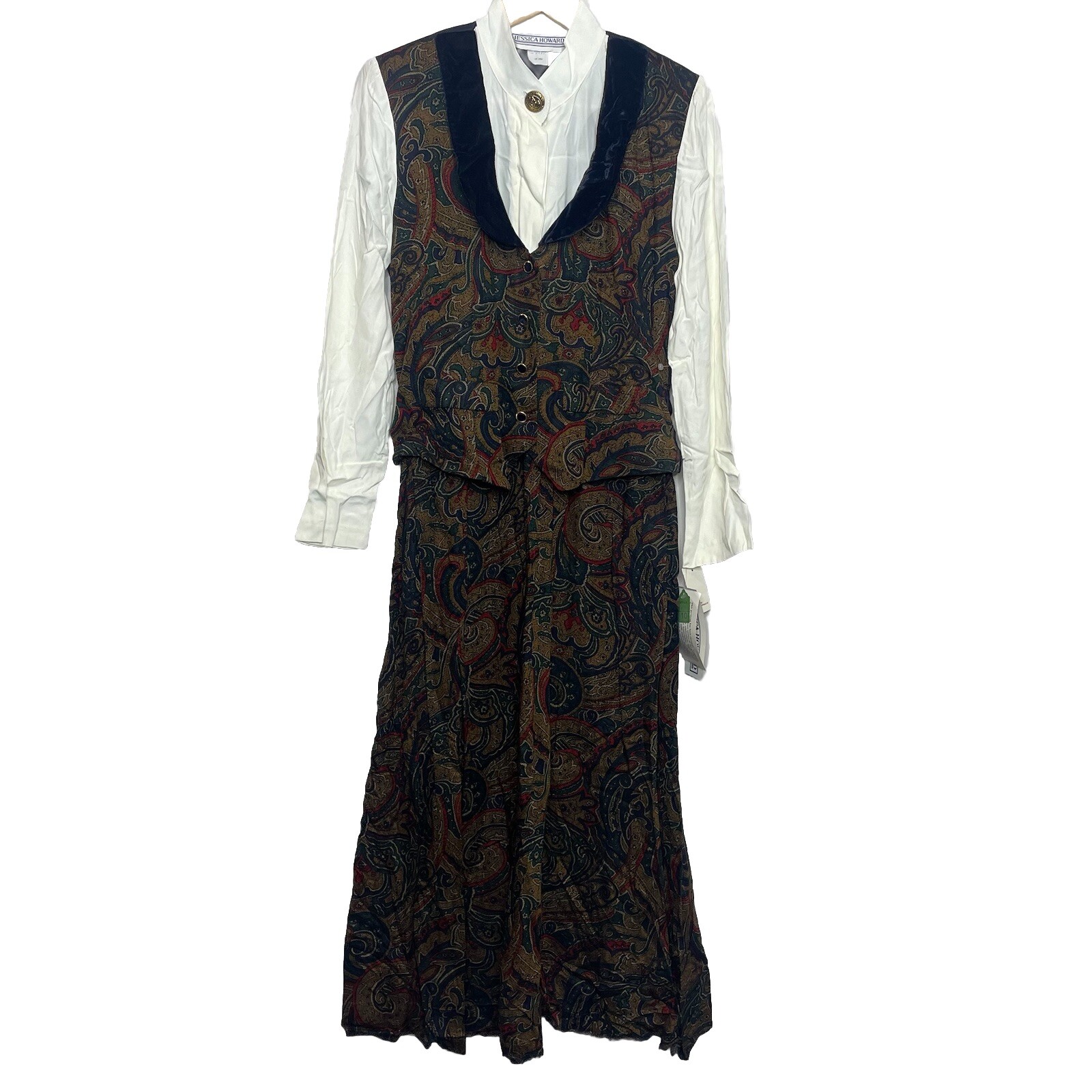 Vintage Jessica Howard Dress 10 Paisley 80s Secretary Vest Velvet Trim Gold NWT