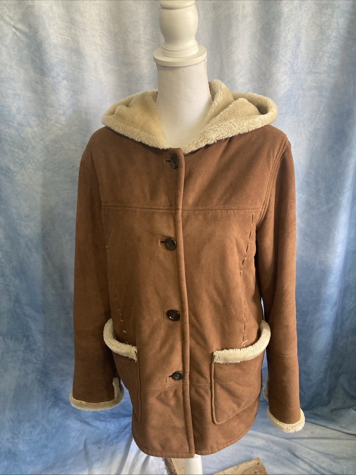 VTG 90s Bill Blass Sport Faux Suede Shearling Hooded Coat Women&rsquo;s Medium Tan