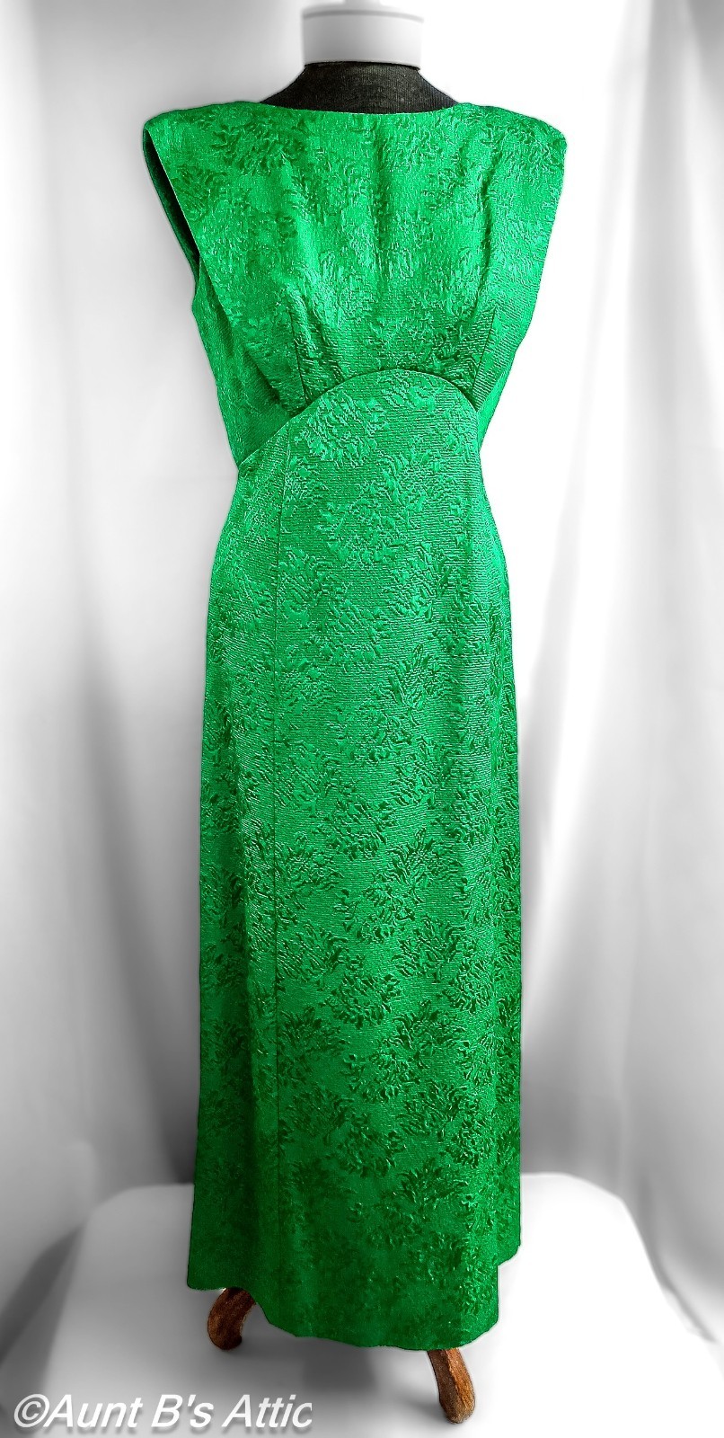Vtg 60&rsquo;s Milgrim Green Brocade Sleeveless Gown With Low Back and Bowed Train Sm