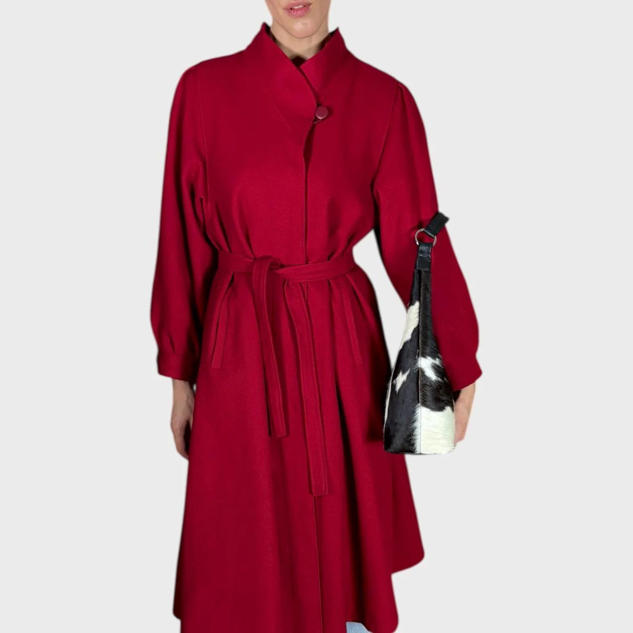 Vintage Red Wool Coat Belted Waist Elegant Longline Overcoat size US10; EU40