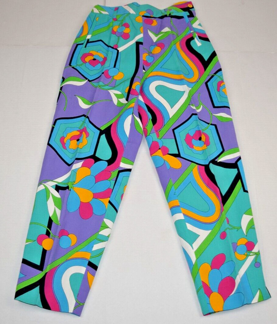 Vintage Pants Byblos 42 Size S/M 8os Turquoise Green Purple Pop Art Made Italy