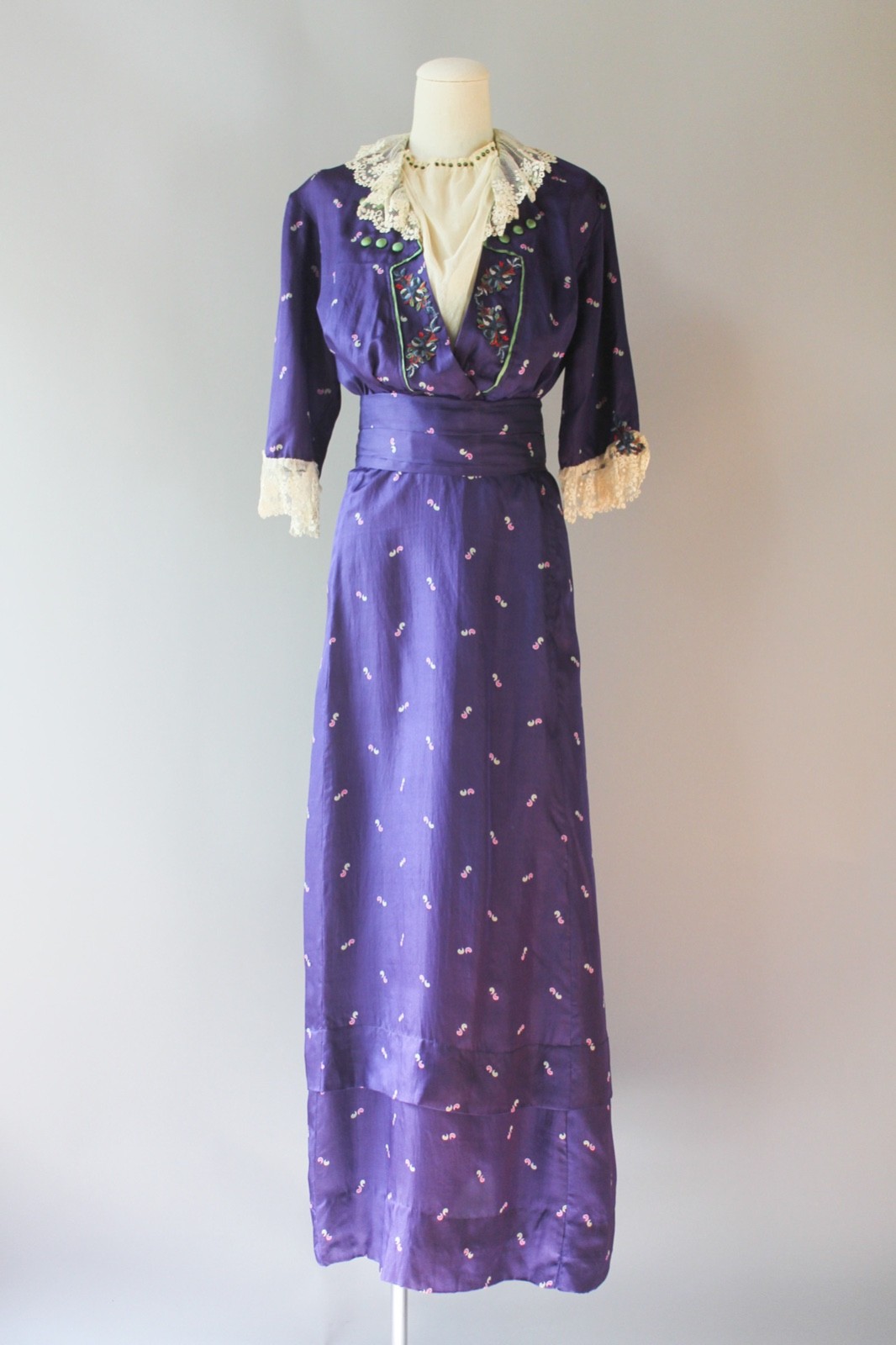Antique 1910s Edwardian Purple Printed Silk Embroidered Dress Stunning! EX COND!