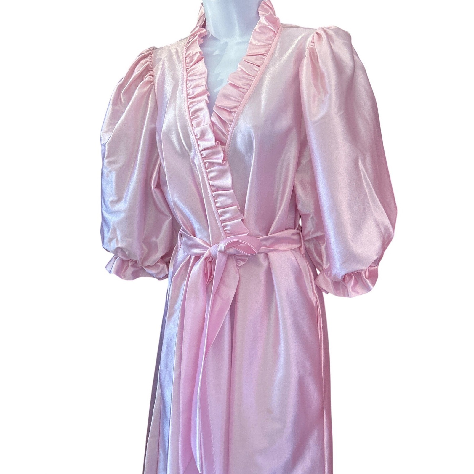 80s Miss Elaine Pink Satin Wrap Robe Hollywood Regency Coquette Glamour