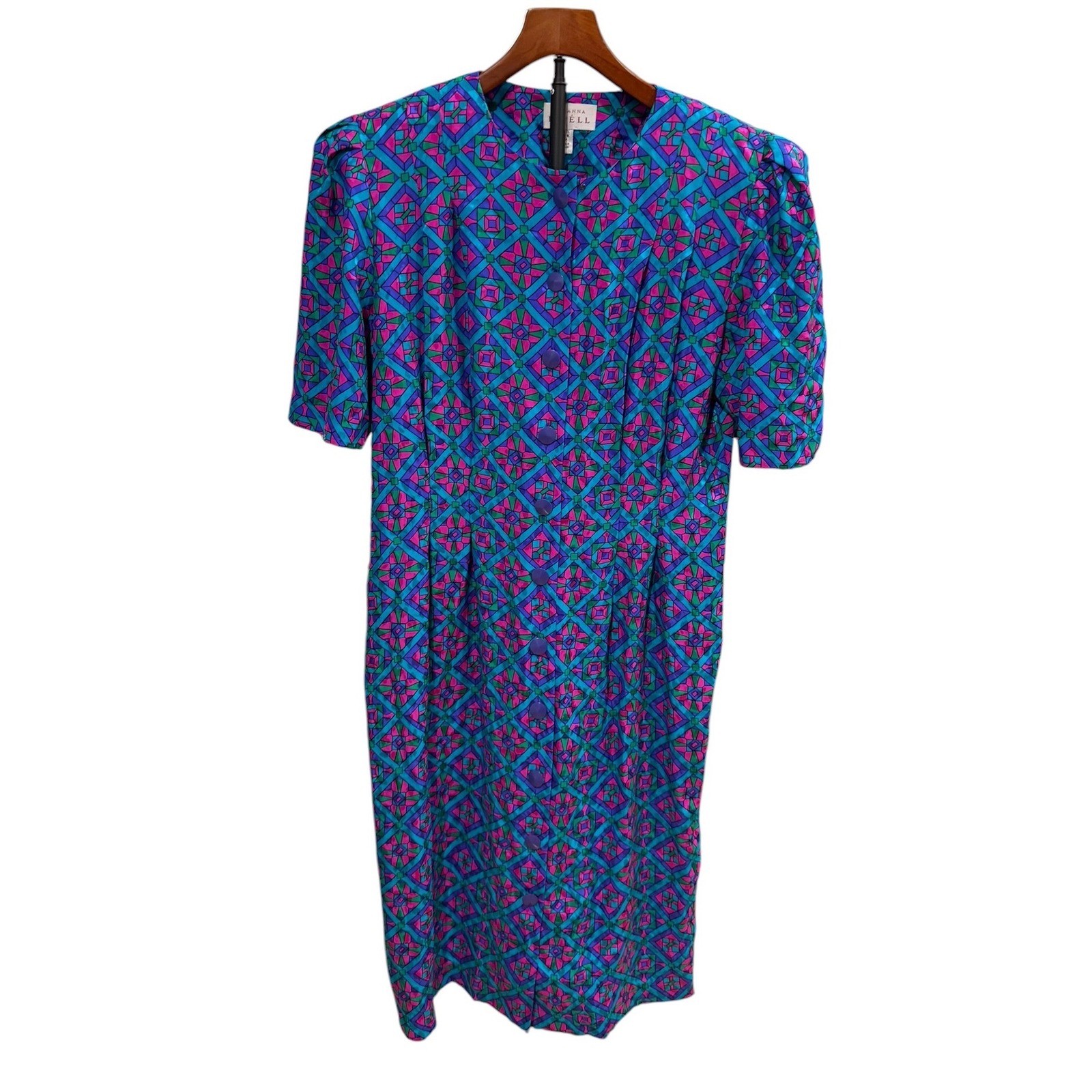 Vtg 80s Adrianna Papell Vintage 100% Silk Geometric Print Button Sheath Dress 12