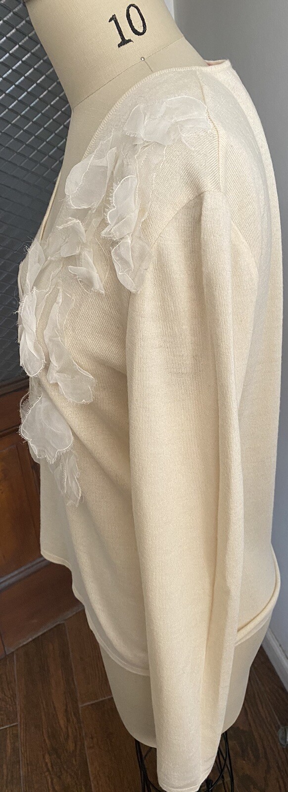 Vintage Emanuel Ungaro Paris Sweater Cream Chiffon, Gold Flower SZ L Chest 34”