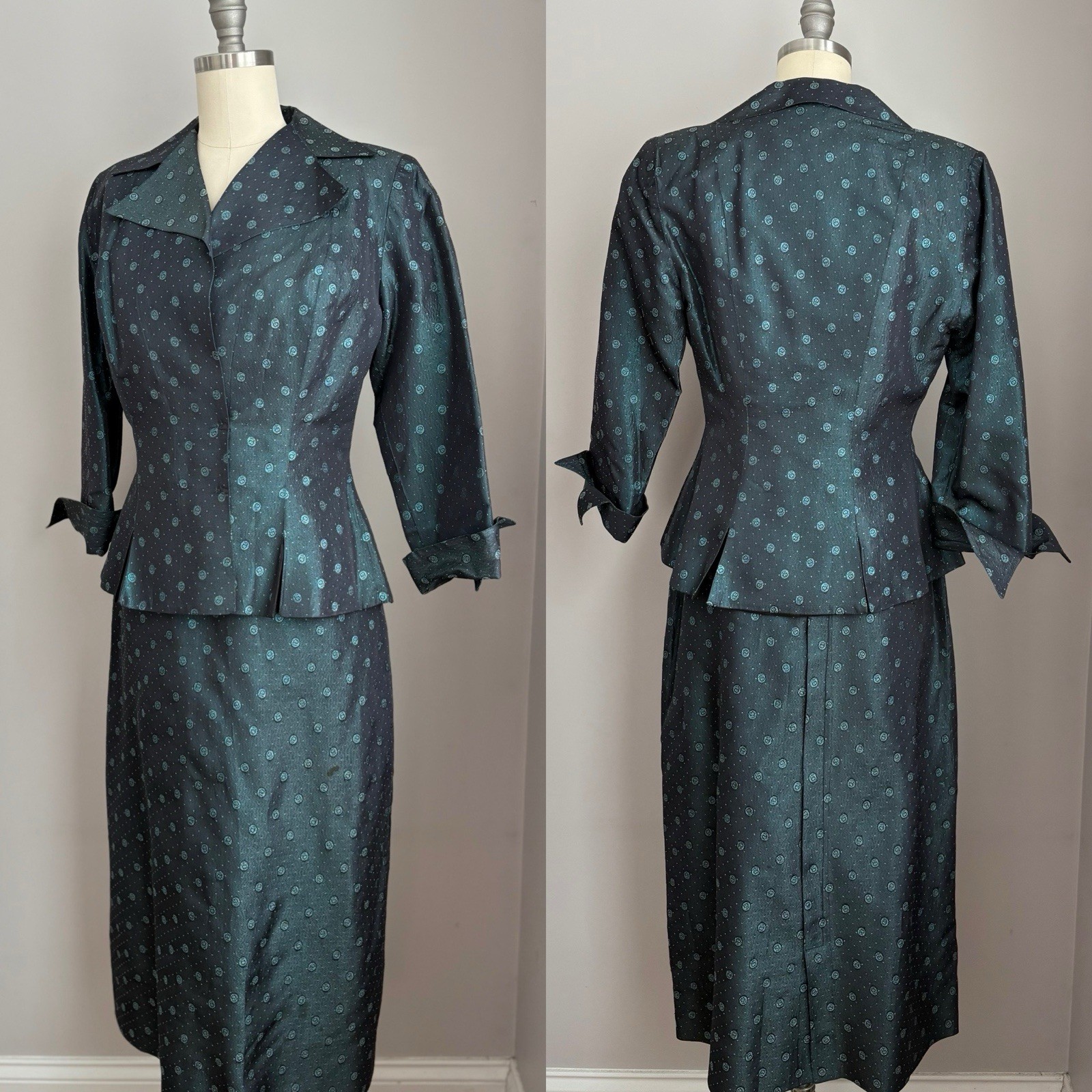 Vintage 1940’s Blue Taffeta Cherries Cherry Print Dress & Jacket Set Size XS/S