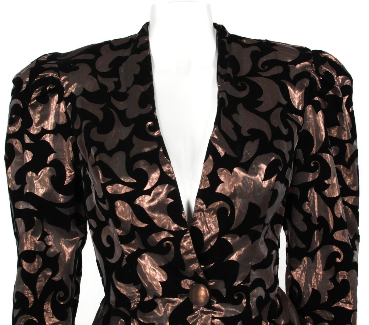 Vtg 80s L.A. Glo Black Velvet Metallic Copper Puff Sleeve Peplum Jacket 9/10 960