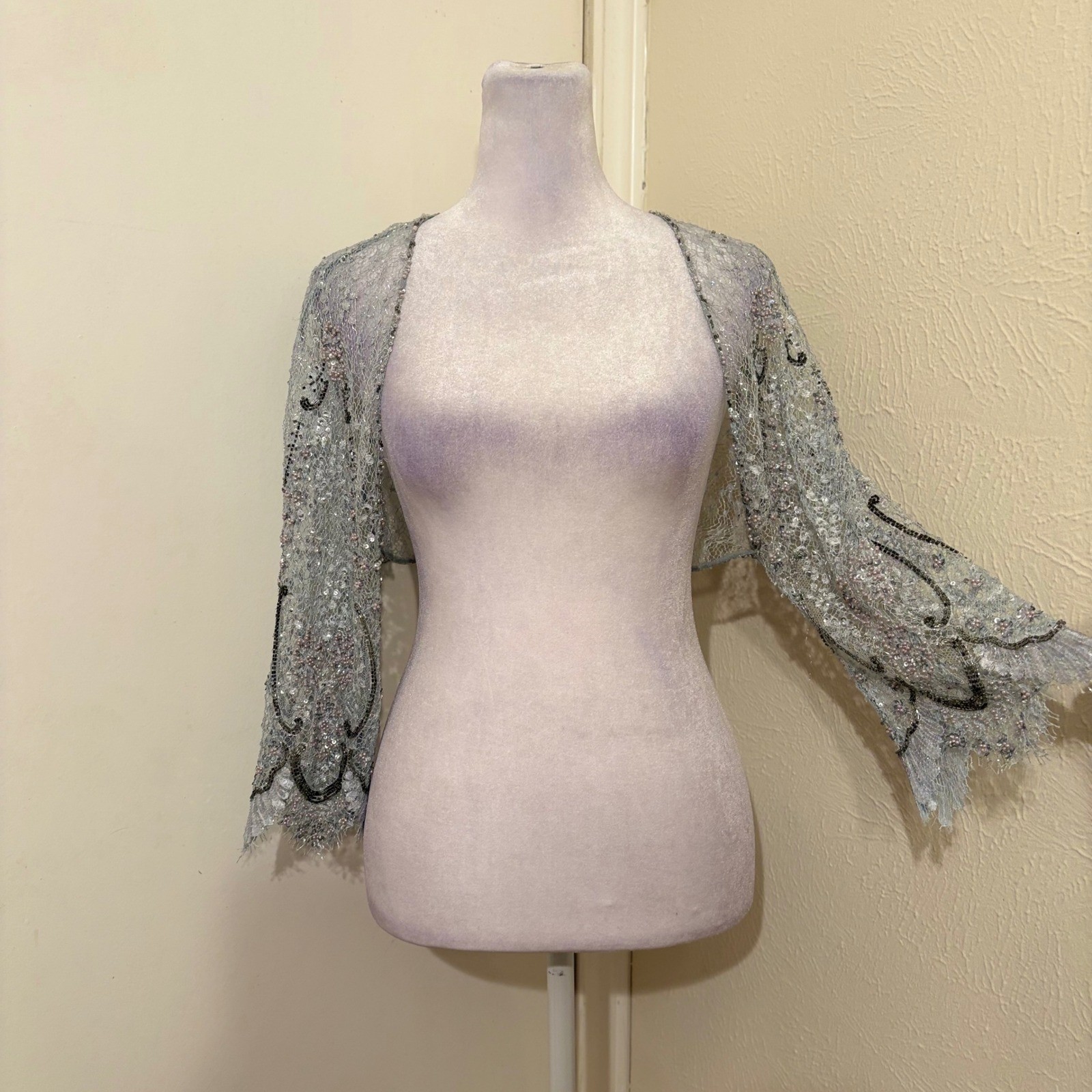 Vintage 70s Light Blue Beaded Sequin Lace Bolero Shrug Art Deco Fairycore Sz 10