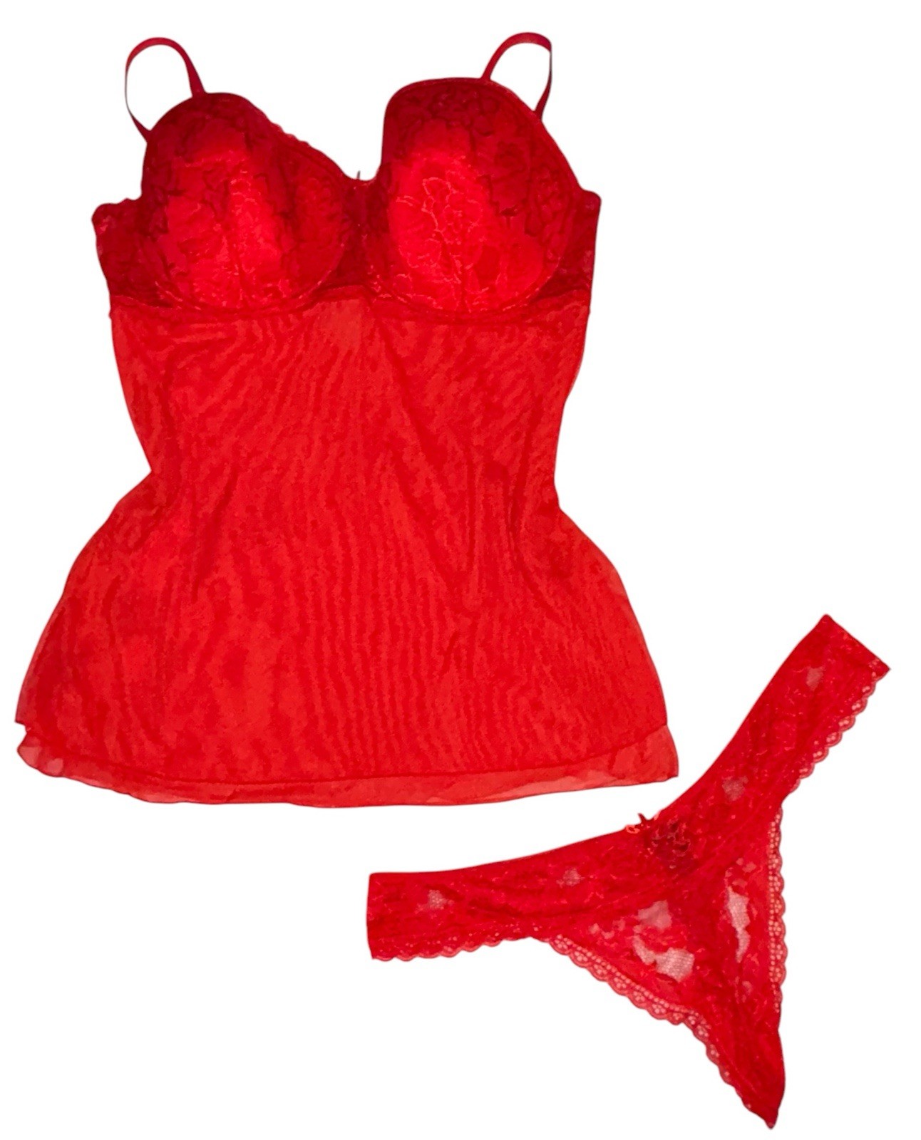 2 PC Rene Rofe Red Shiny Silky Sheer Lace Trim Nightie & Thong Panties 2X/3X NOS