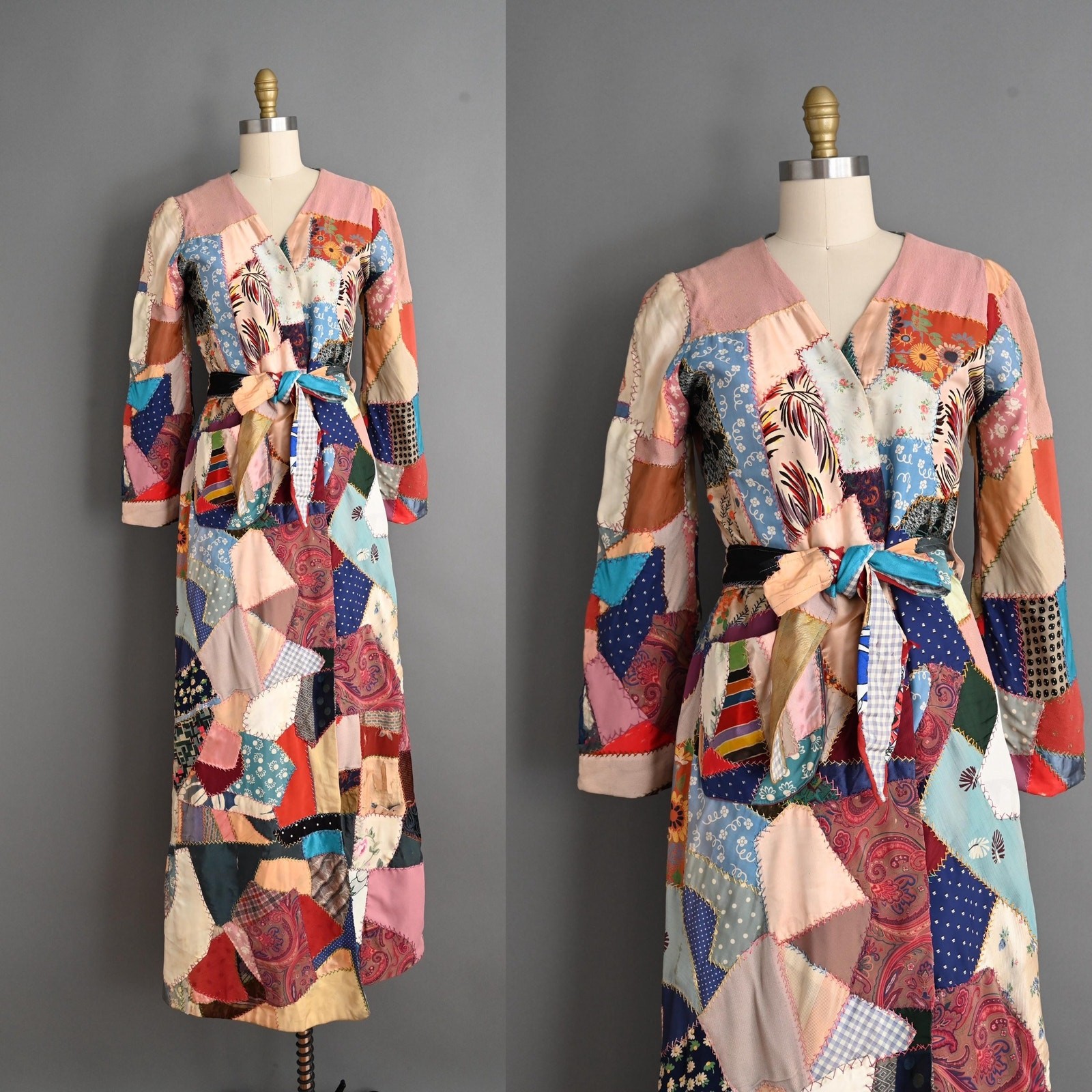 Antique 1930s Quilt Robe | Antique Crazy Quilt Dressing Robe | Medium Large