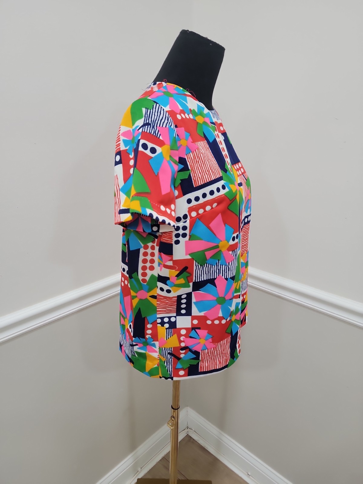 Vintage 60s 70s Mod Psychedelic Print Blouse Button Up Shirt L