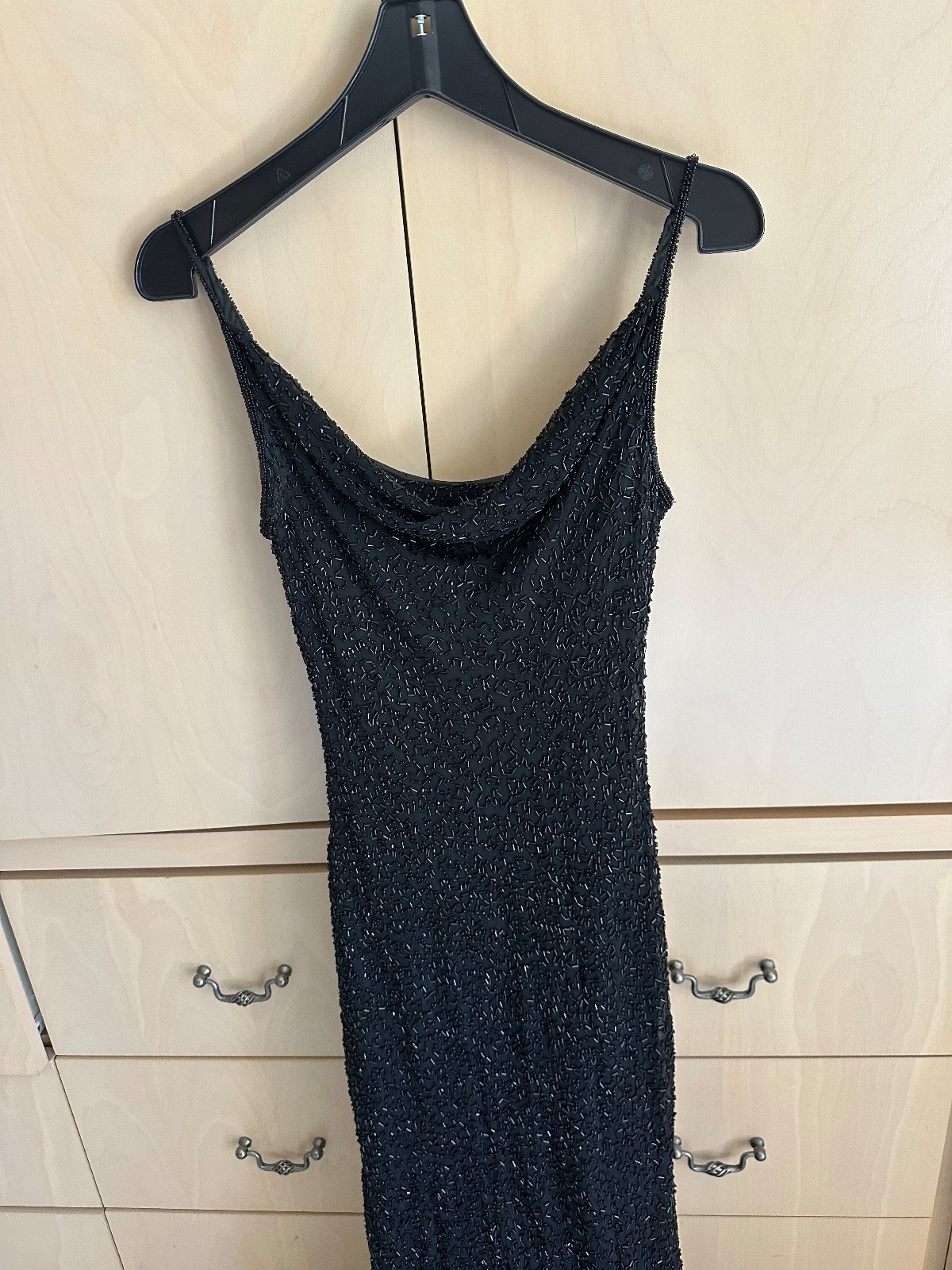Vintage Stenay 100% Silk Fully Beaded Black Maxi Dress Size 6 Evening Gown 36&Prime; c