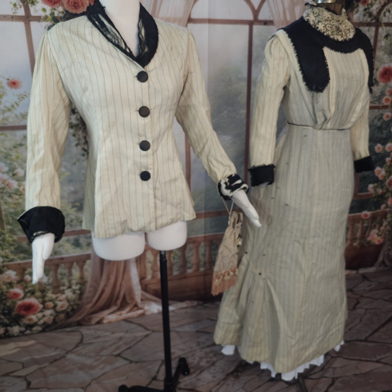Antique Walking Suit 2 Pc Cream Pinstripe Purse Dress Black Trim Blazer Jacket