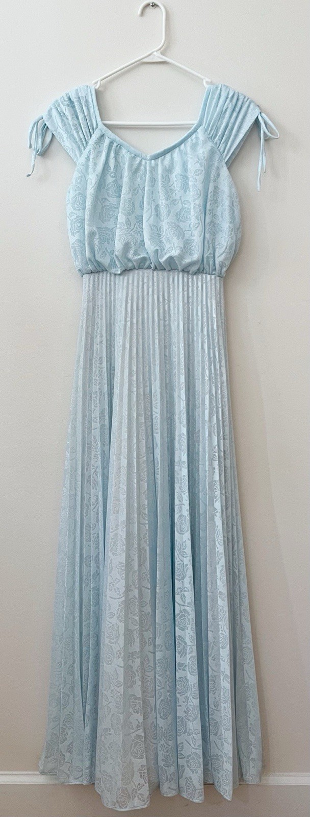 Vtg 70s Dress XS Blue Tied Cap Sleeve Long Accordion Pleated Scoop Neck Lined