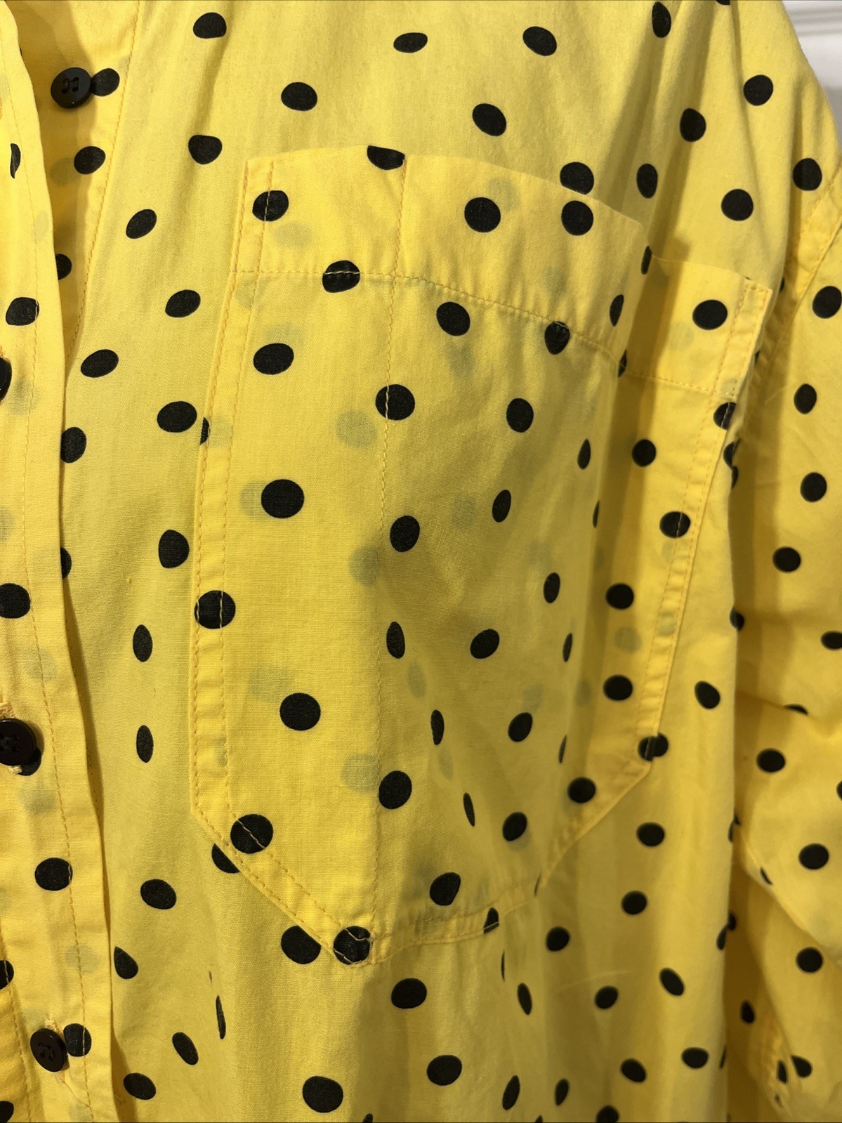 Instant Glamour Vtg 1980&rsquo;s Postmodern Cotton Yellow Shirt Black Polka Dot OS