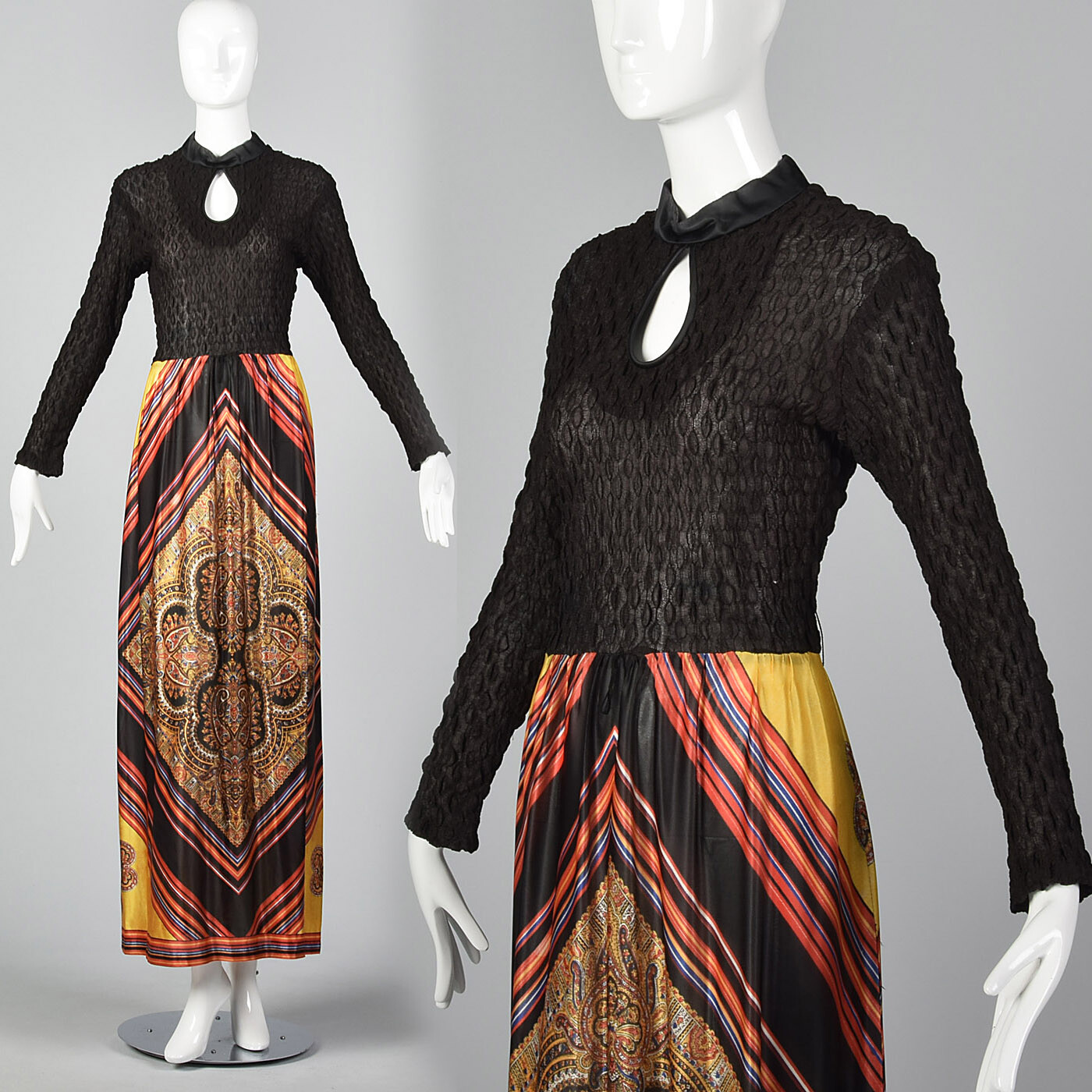 Medium 1970s Bohemian Multi-Color Long Sleeve Maxi Costume Dress VTG Boho
