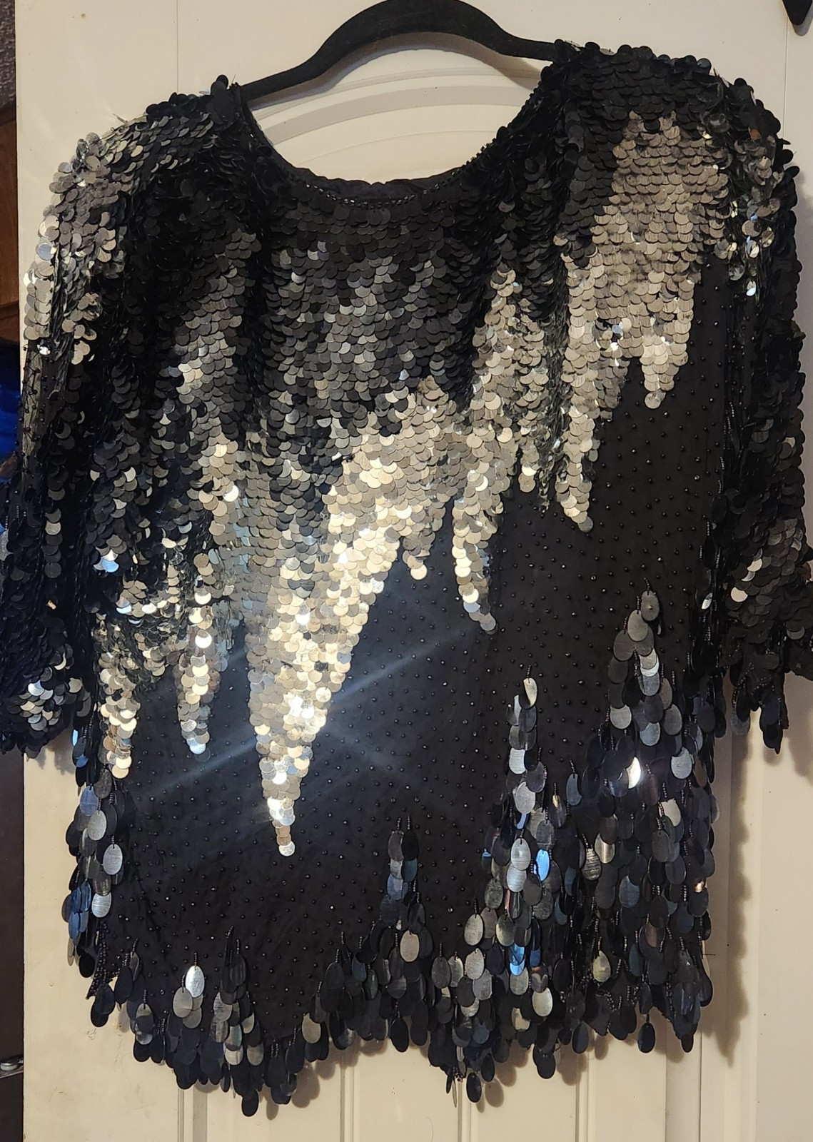 Vintage Black/Gray/Silver/ Beaded Sequined Silk Top EUC