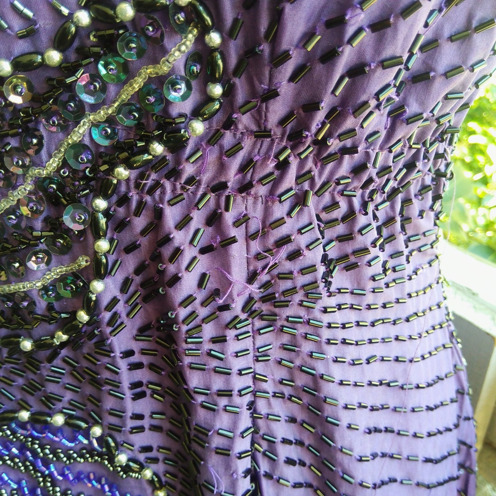 Vintage 80s Sequin Beaded Silk Purple Evening Dress Gown
