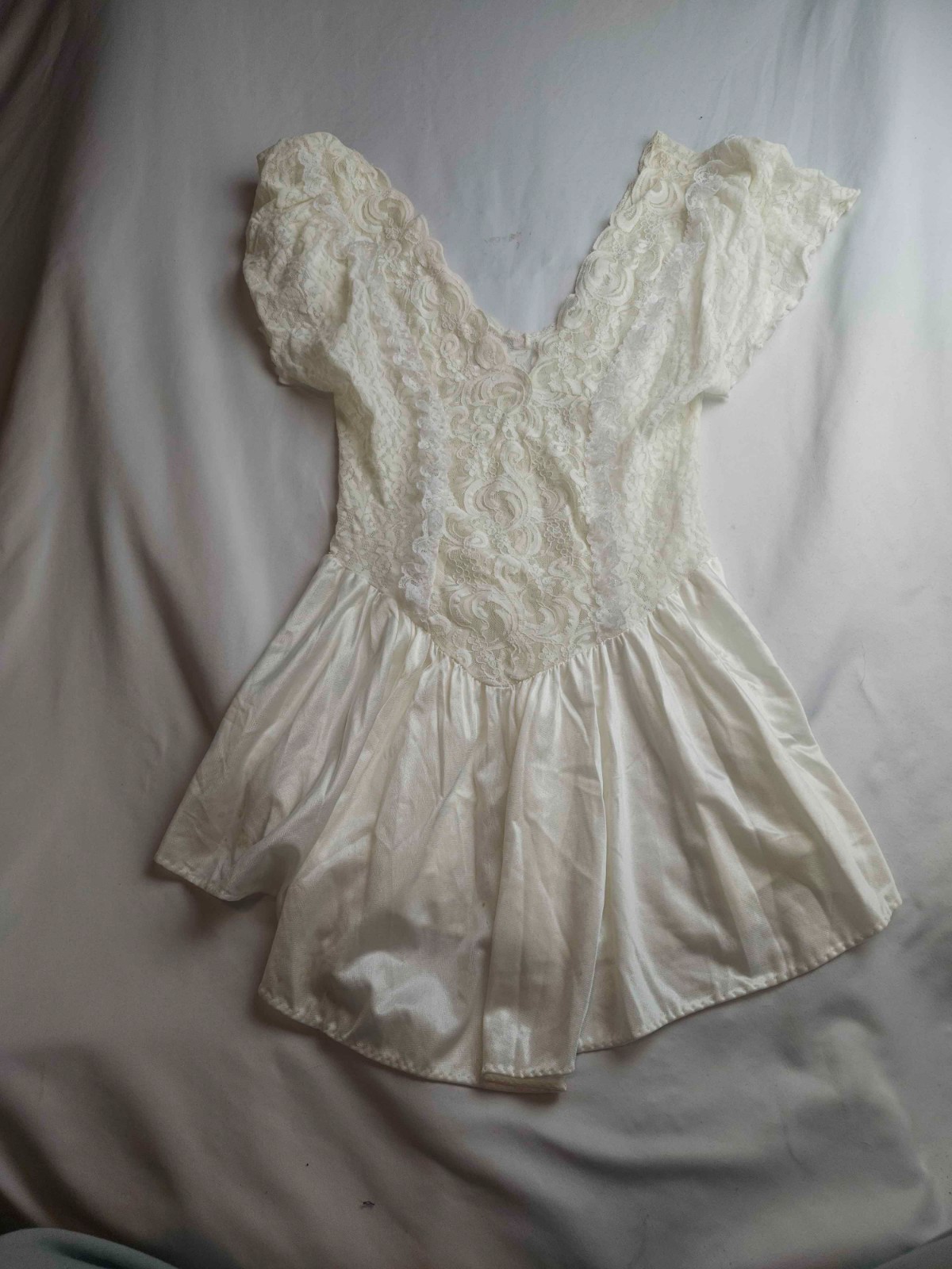 Vintage Sears Inner Most Lace Teddy Romper Womens Medium 12/14 White Satin Retro