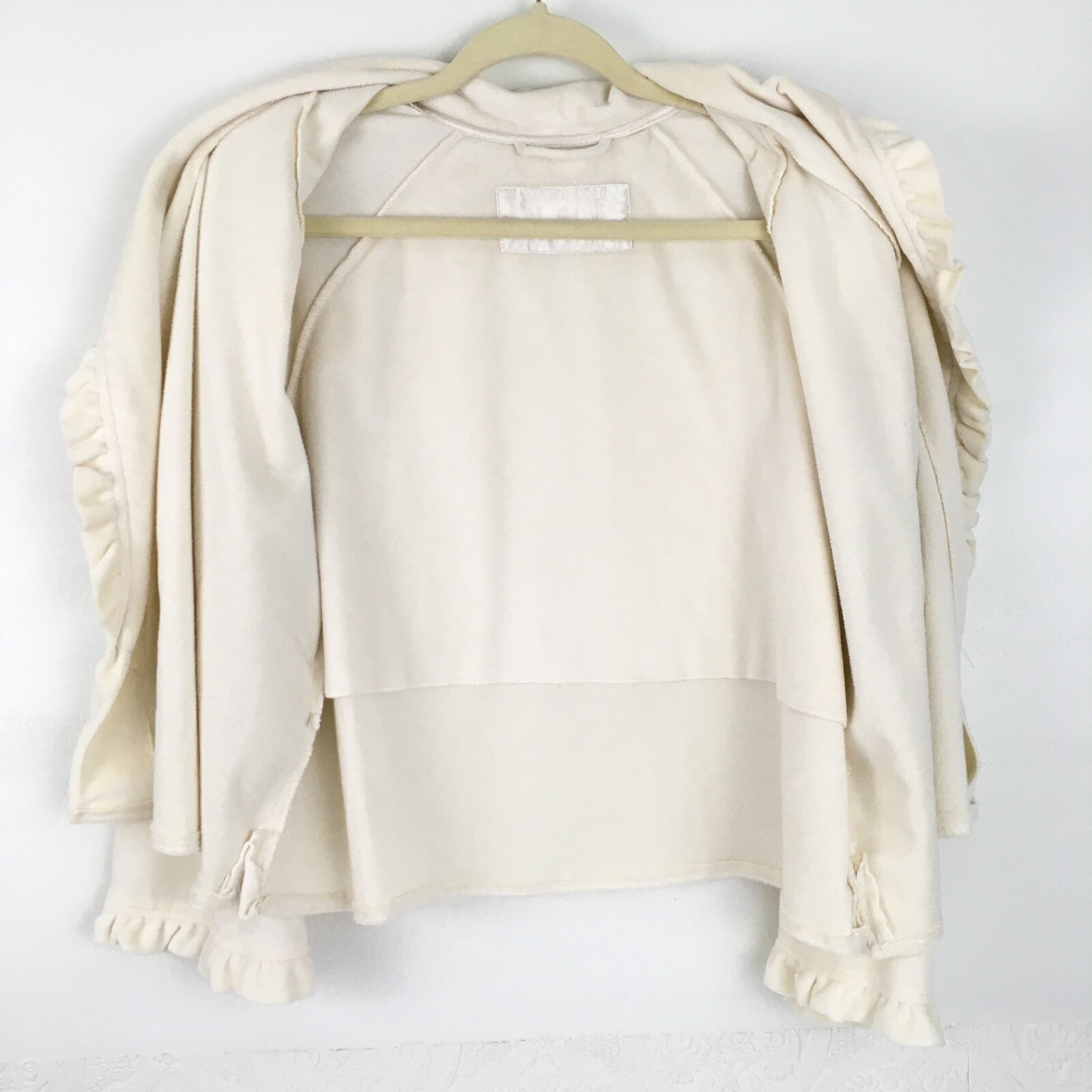 Upcycled vintage fleece cropped jacket womens xl ruffled trim cream color