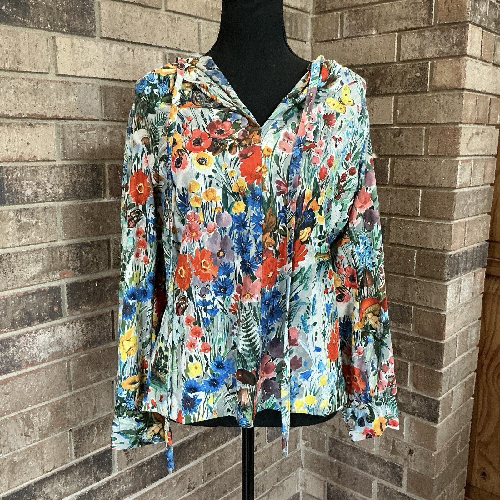 70s VTG Floral 2pc Set Blouse Skirt Size 14 Mushroom Butterfly Cottagecore #1D6