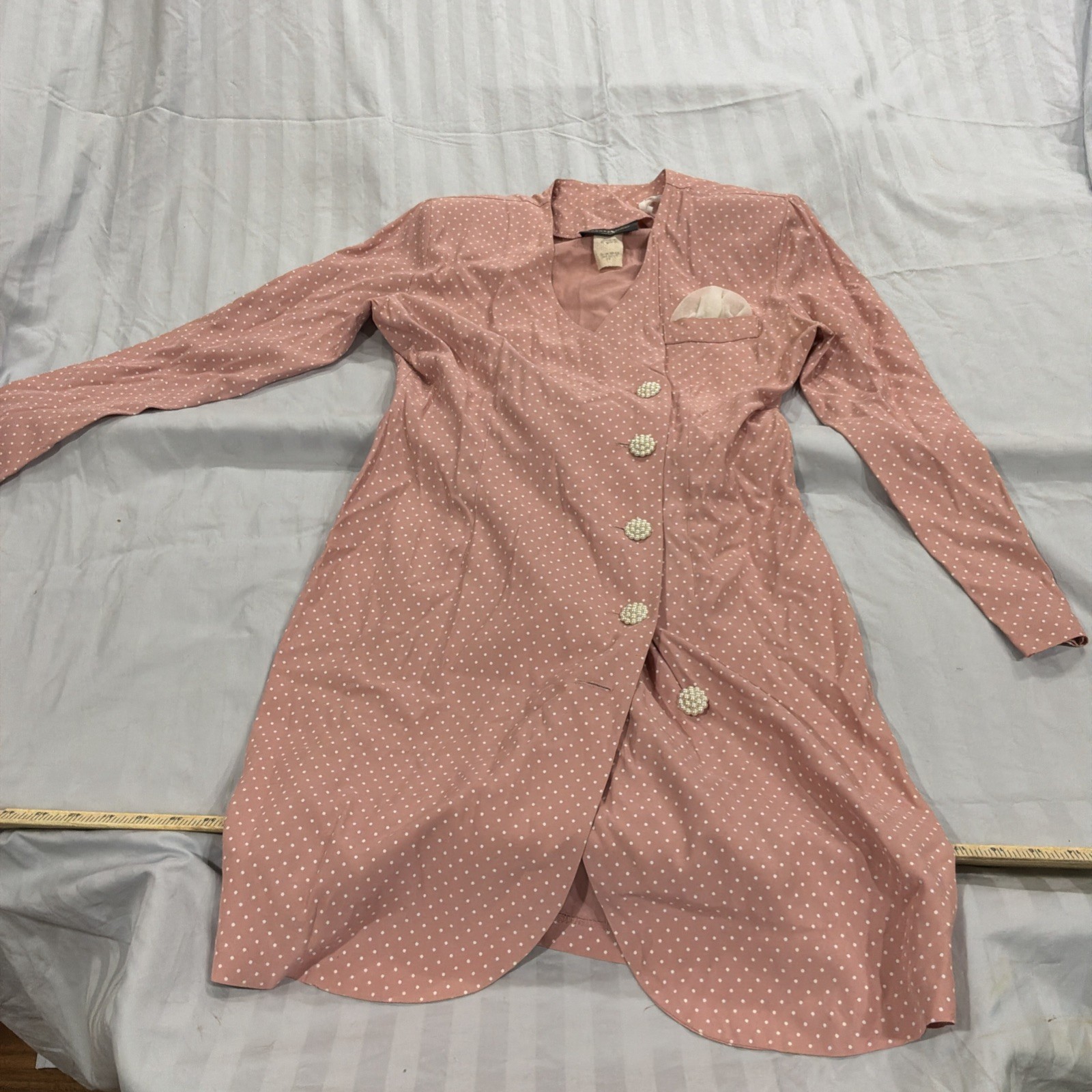 Brooks Atelier Vintage Pink Polka Dot Dress Stewardess Pearl Buttons 70’s 80’s