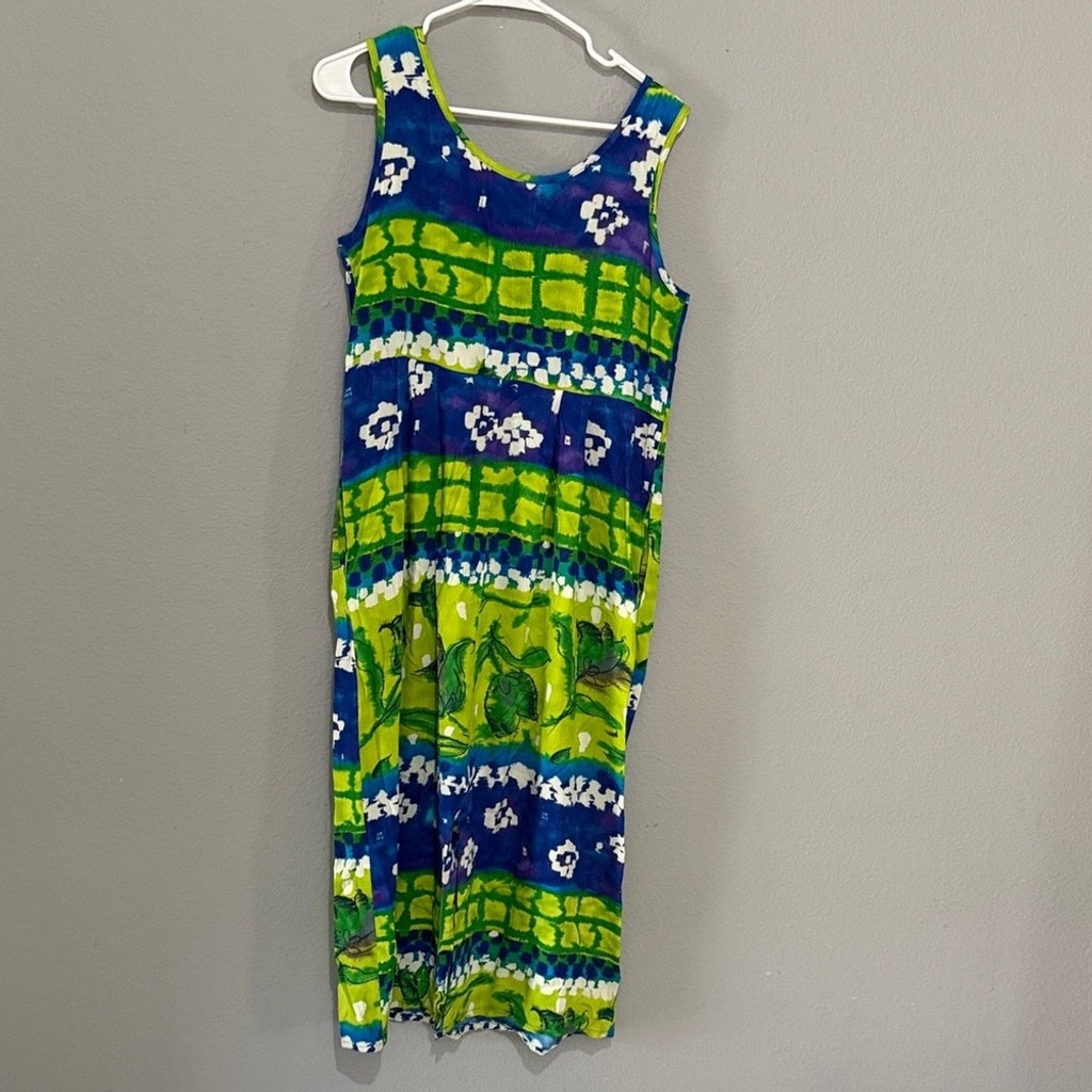 Vintage Jams World Blue and Green Midi Dress beach Hawaii vacation
