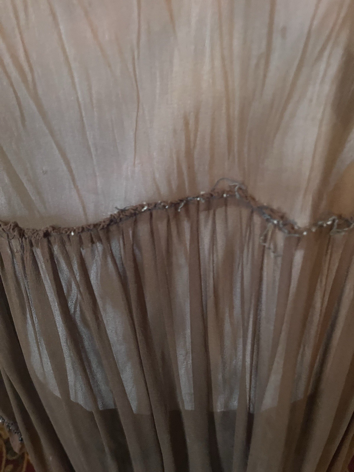Antique 1920s Brown Chiffon Crepe Flapper Dress Art Deco Black Beading